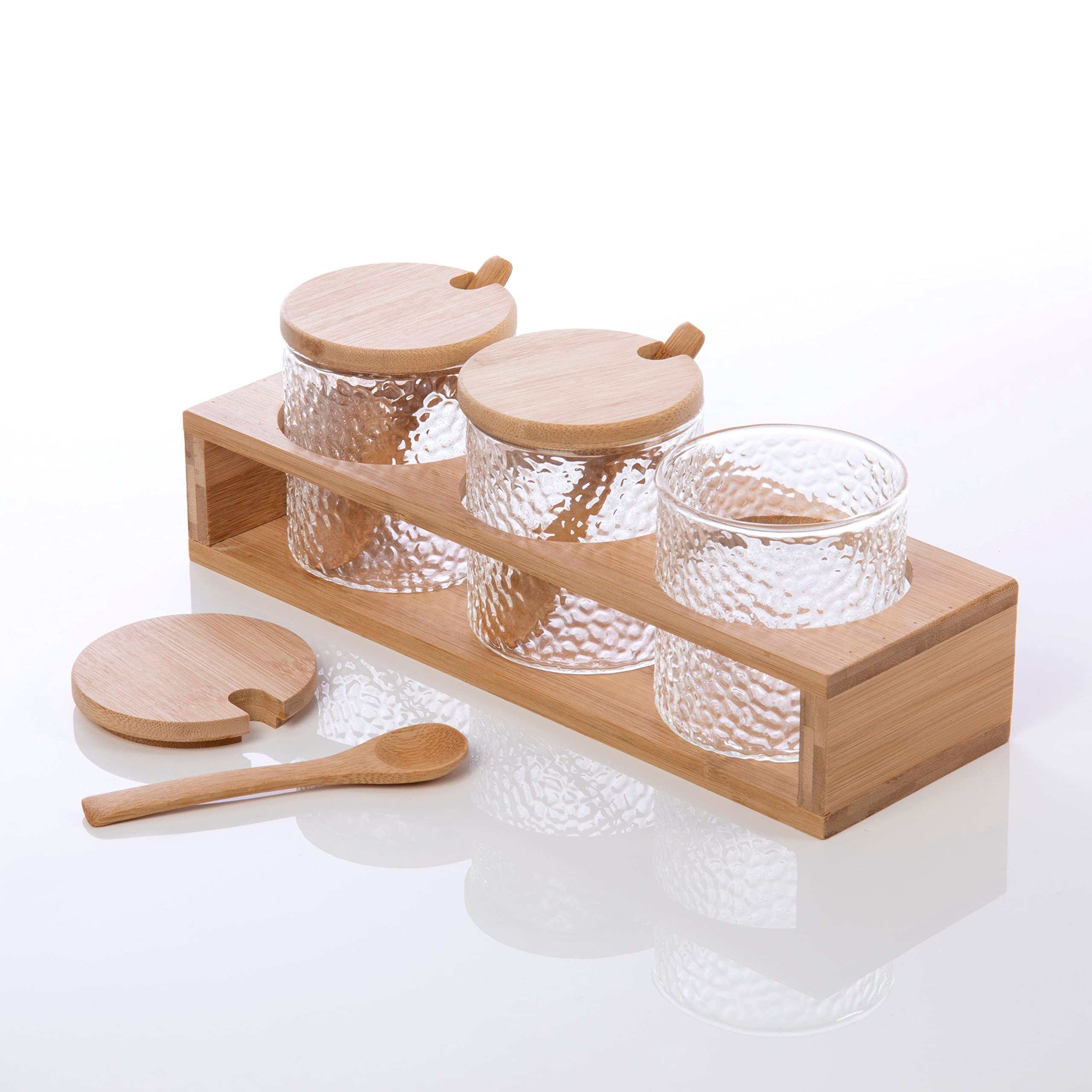Homiu Transparent 3 Pack Glass Spice Jars With Bamboo Lids | Airtight Spice Jars Spoons Lids | Glass Storage Containers For Spices, Seasoning, Seeds, Grains, Sugar Or Salt