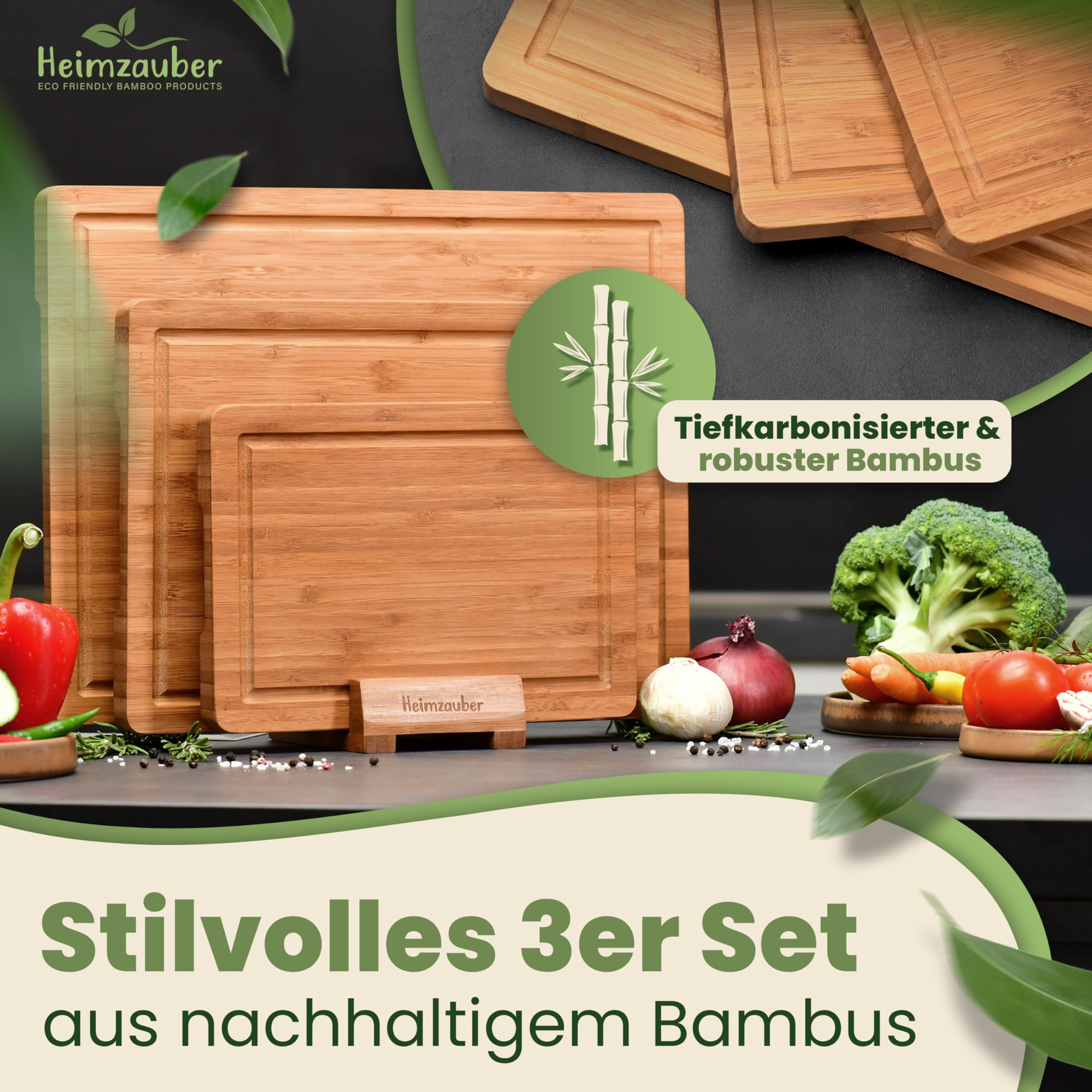 Schneidebrett Holz 3er Set | Premium Frühstücksbrettchen | Bambus Massiv 2cm dick | inkl. Ständer | Holzbrett Servierplatte mit Saftrille für die Küche