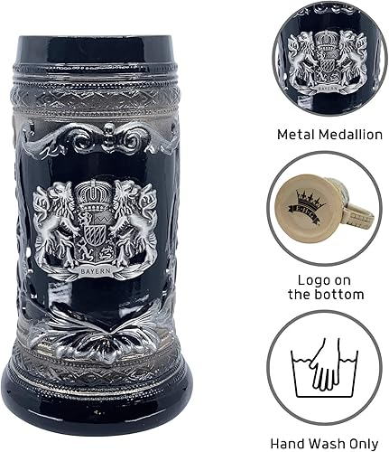 Miniatura 8 de OktoberfestHaus - Taza de cerveza con escudo de armas del Bayern alemán, escudo de armas con emblema de metal sobre jarra de cerámica azul cobalto,