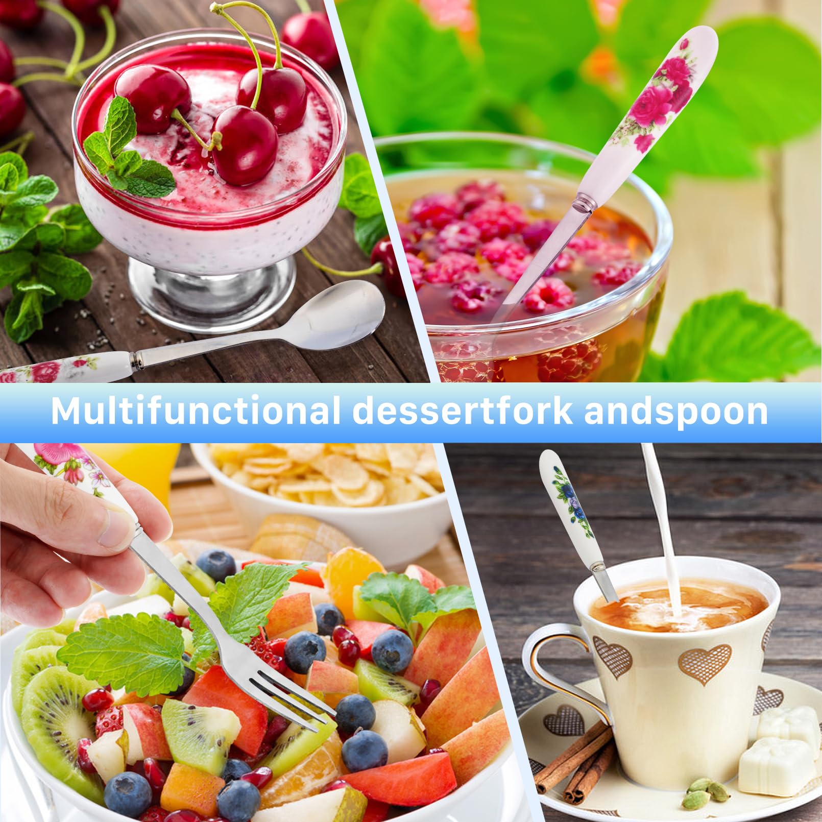 Juego de 14 tenedores y cucharas de postre, tenedores y cucharas con mango de cerámica, mini cucharas de café de acero inoxidable, tenedores de ensalada, tenedores de pasteles, cucharas de té