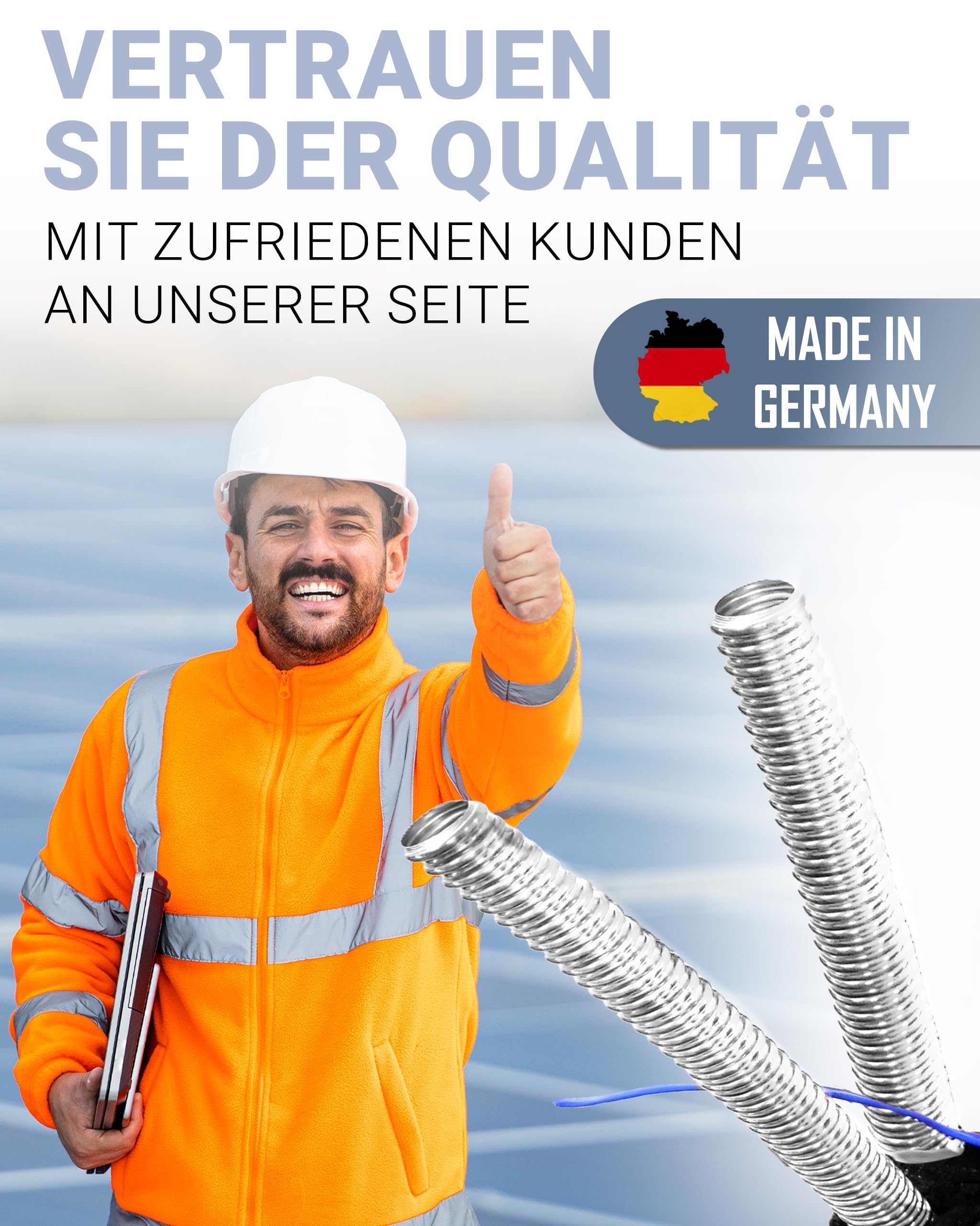 Solardoppelleitung DN20 Edelstahlwellrohr mit Fühlerkabel – Solarrohr/Solarleitung für Solarthermie – Doppelrohr vorisoliert 13 mm EPDM – 1" Überwurfmutter – 5 m / 10 m / 15 m / 20 m / 25 m
