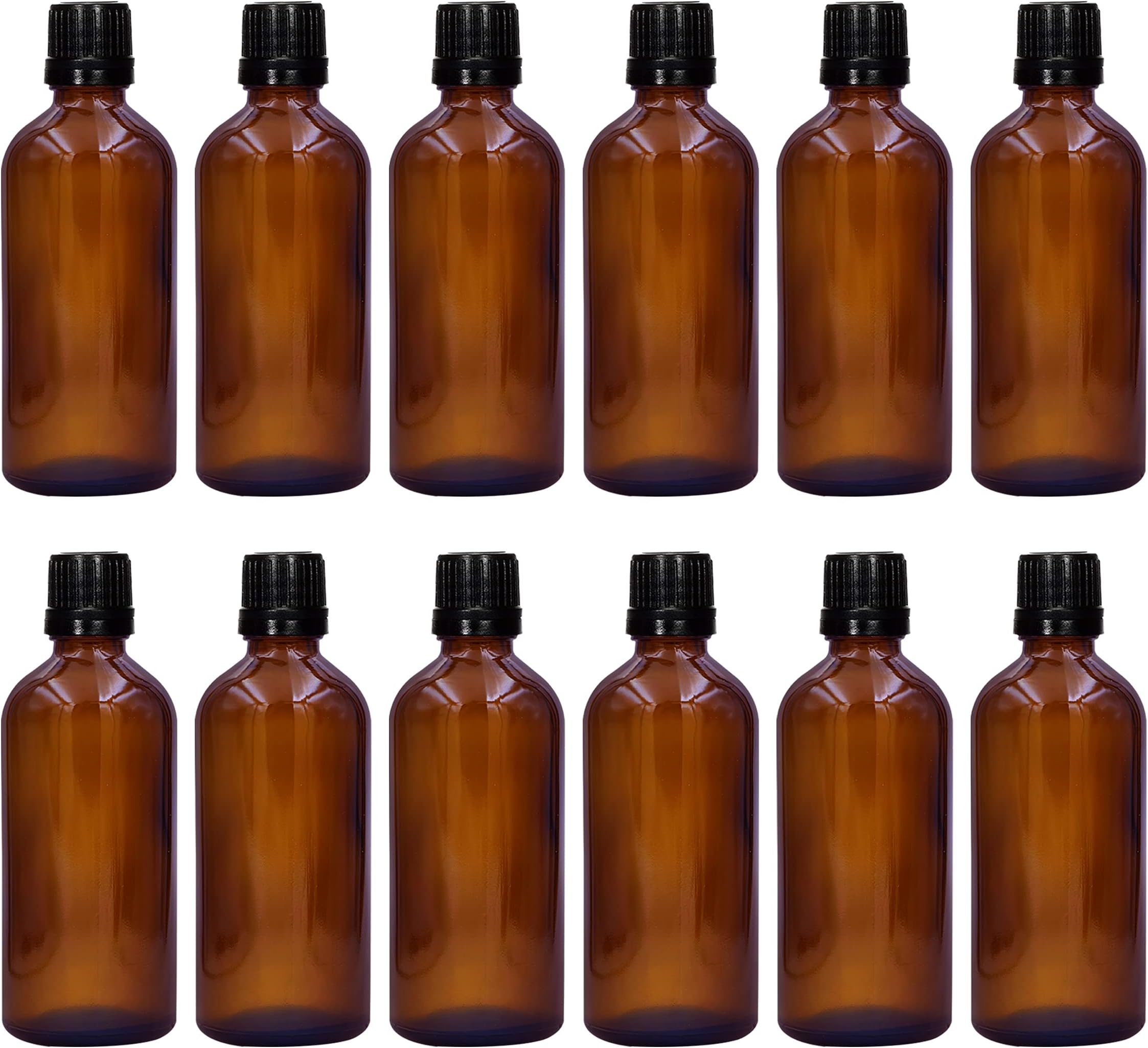100 ml Amber Round Empty Glass Bottle + Euro Dropper + Black Cap, Refillable, Reusable, Leak Proof for Essential Oils, Blends, DIY Perfumes & Face Oil (Pack of 12)