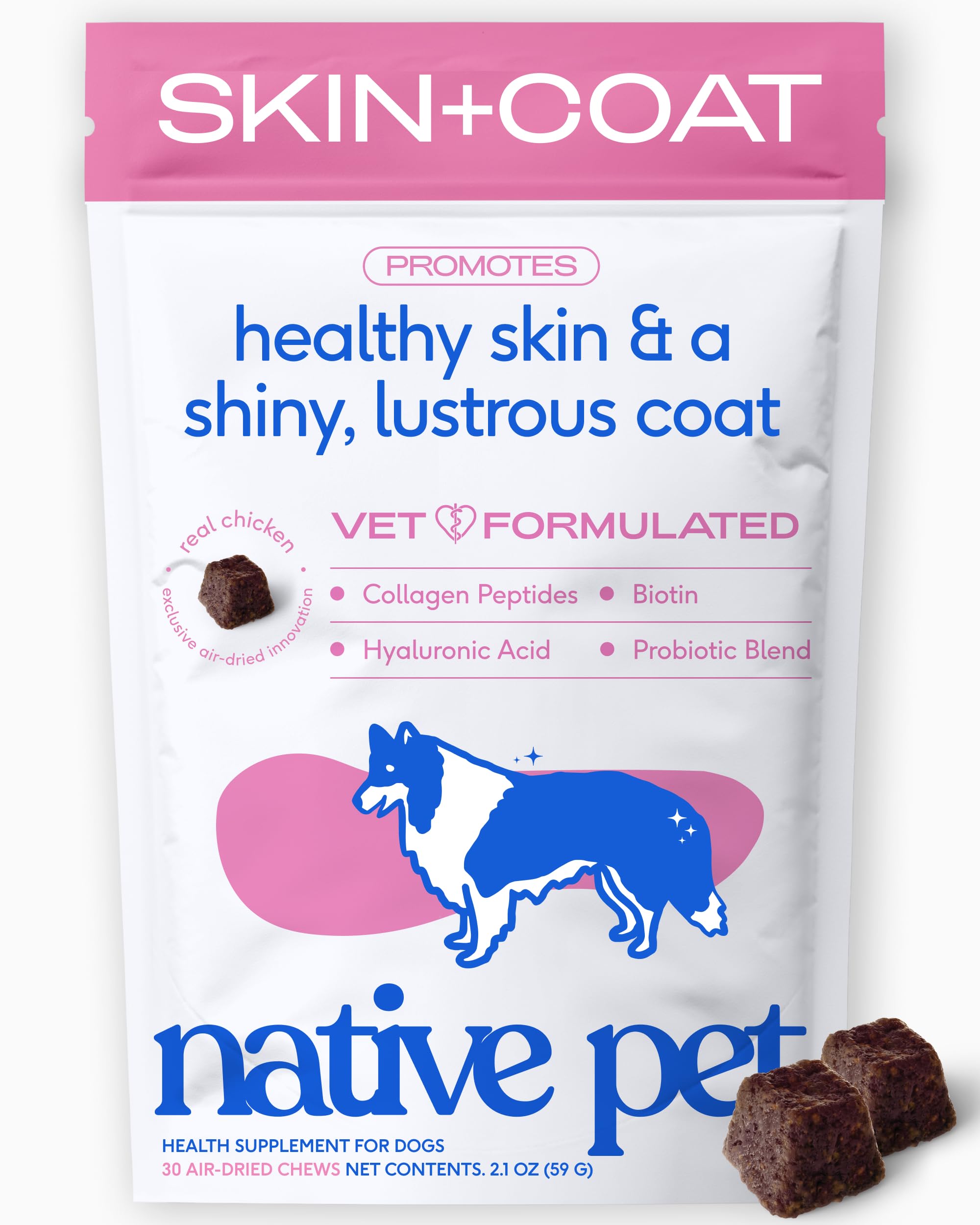 Native Pet Skin &amp; Coat Chews - Omega 3 Fish Oil for Dogs Skin &amp; Coat Supplement - Itch Relief, Shiny Fur &amp; Shedding Support - Collagen, Hyaluronic Acid, Biotin, Probiotics &amp; Salmon Oil - 30 Chews
