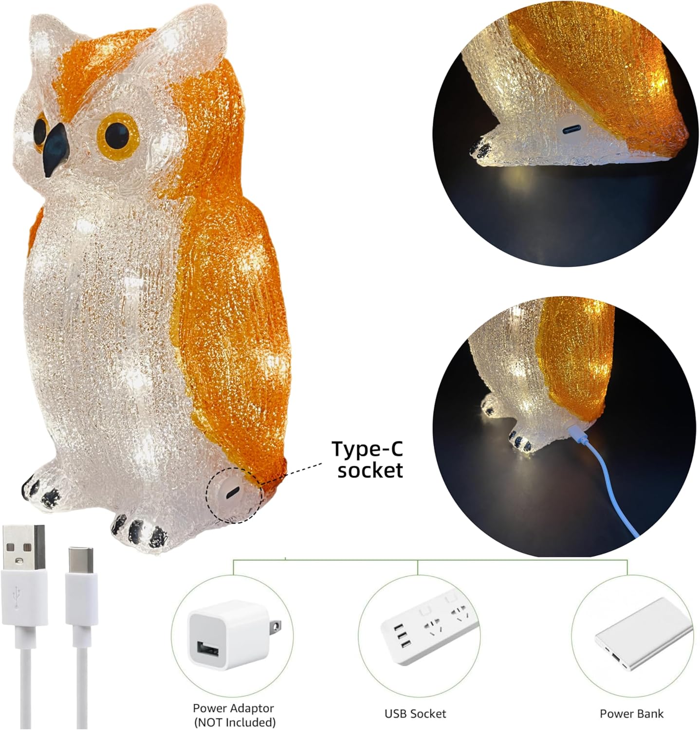 Gloworm YKL-1018, 22.5CM Acrylic Owl Lighting, Garden/Home Figure Light Up, 24 Warm White LEDs, 6H Timer, Dual Power Supply USB or Batteries: 3 x AA (Not Included) Garden/Home Decoration Indoor