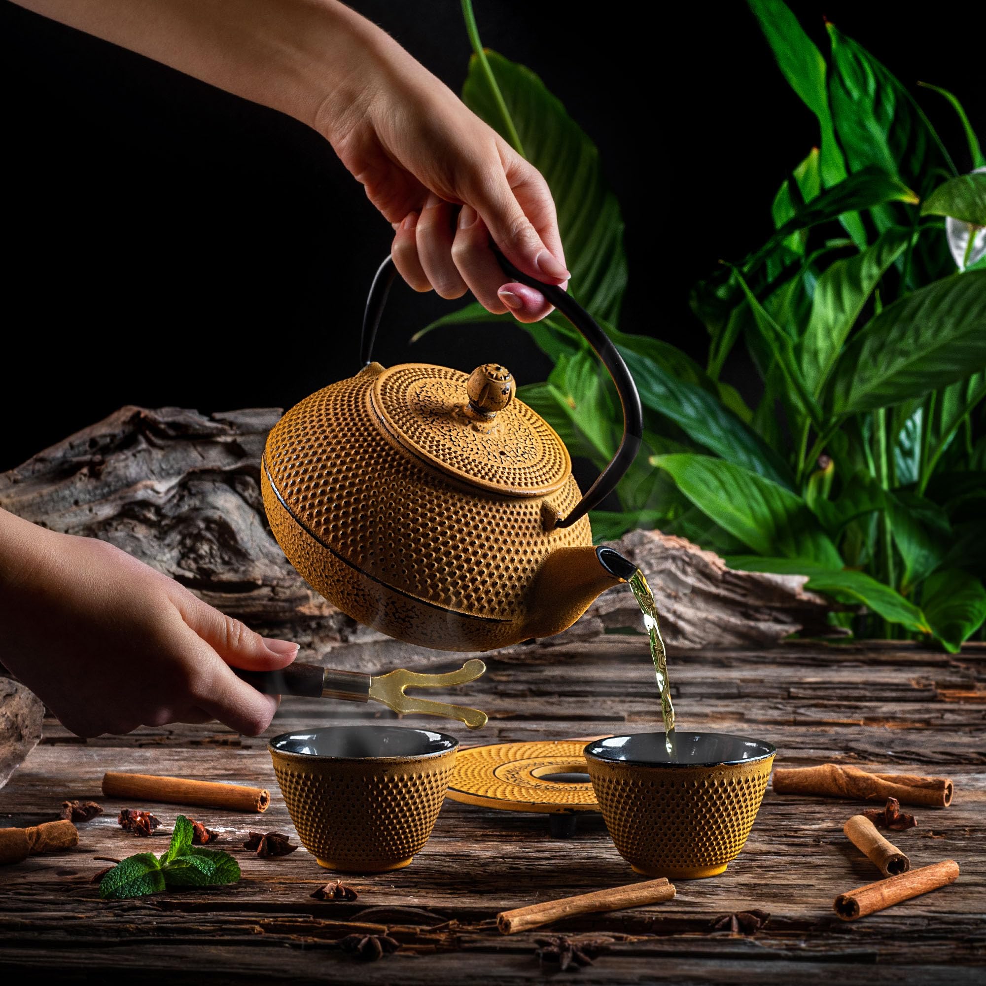 KADAX Théière Japonaise en Fonte de 850 ml avec Intérieur Émaillé, Bouilloire avec Deux Tasses et Infuseur pour Thé en Vrac, Service à Thé Complet (Jaune)