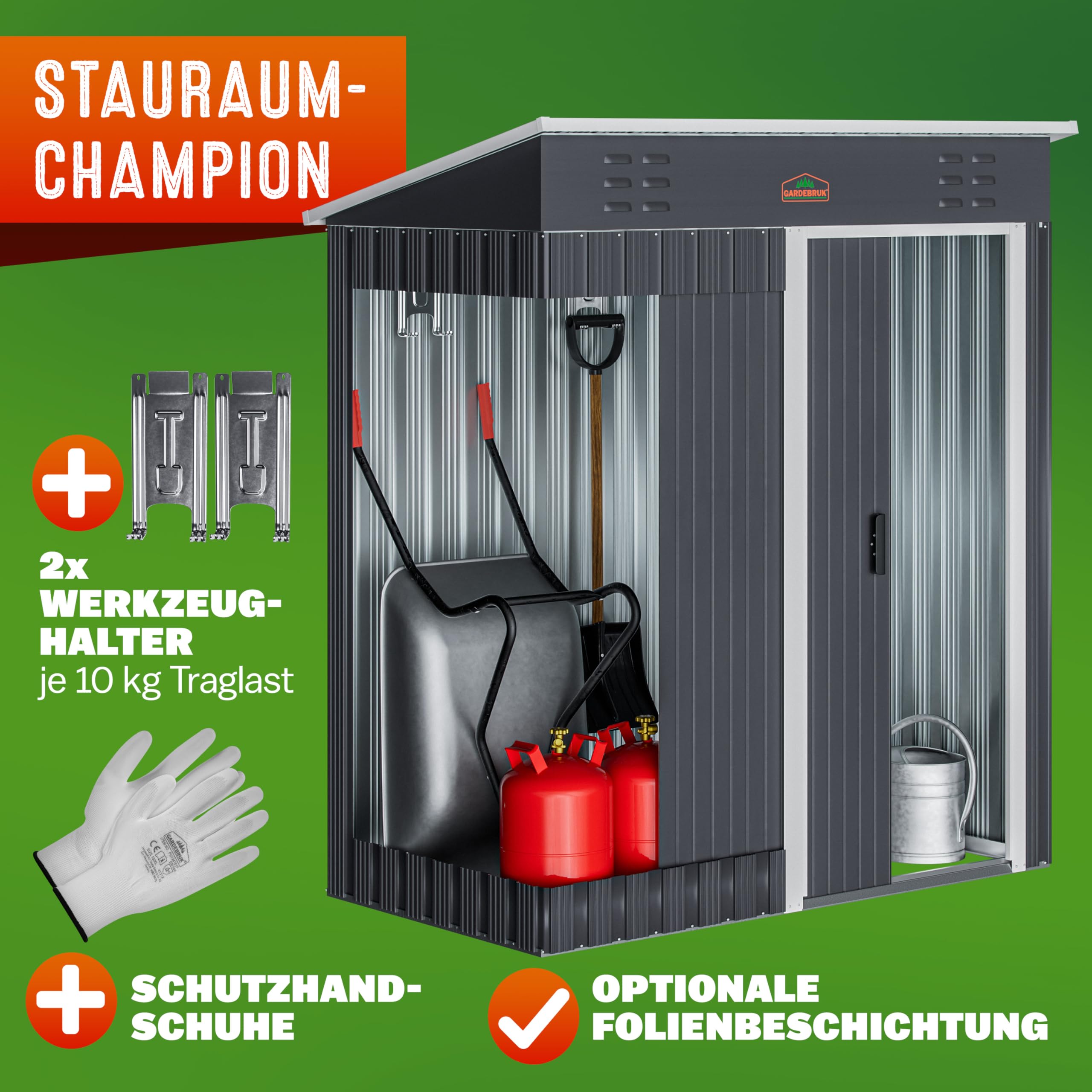 GARDEBRUK® Geräteschuppen 185x165x90cm 1,5m² Schiebetür 20kg Halter Handschuhe Belüftung rostfreies Metall Pultdach Anthrazit Gerätehaus Gartenhaus