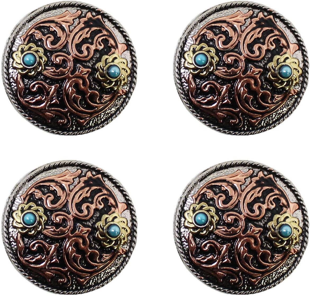 CHALLENGER Set of 4 Screw Back 1-1/4" Three-Tone Engraved Turquoise Stone Conchos CO575