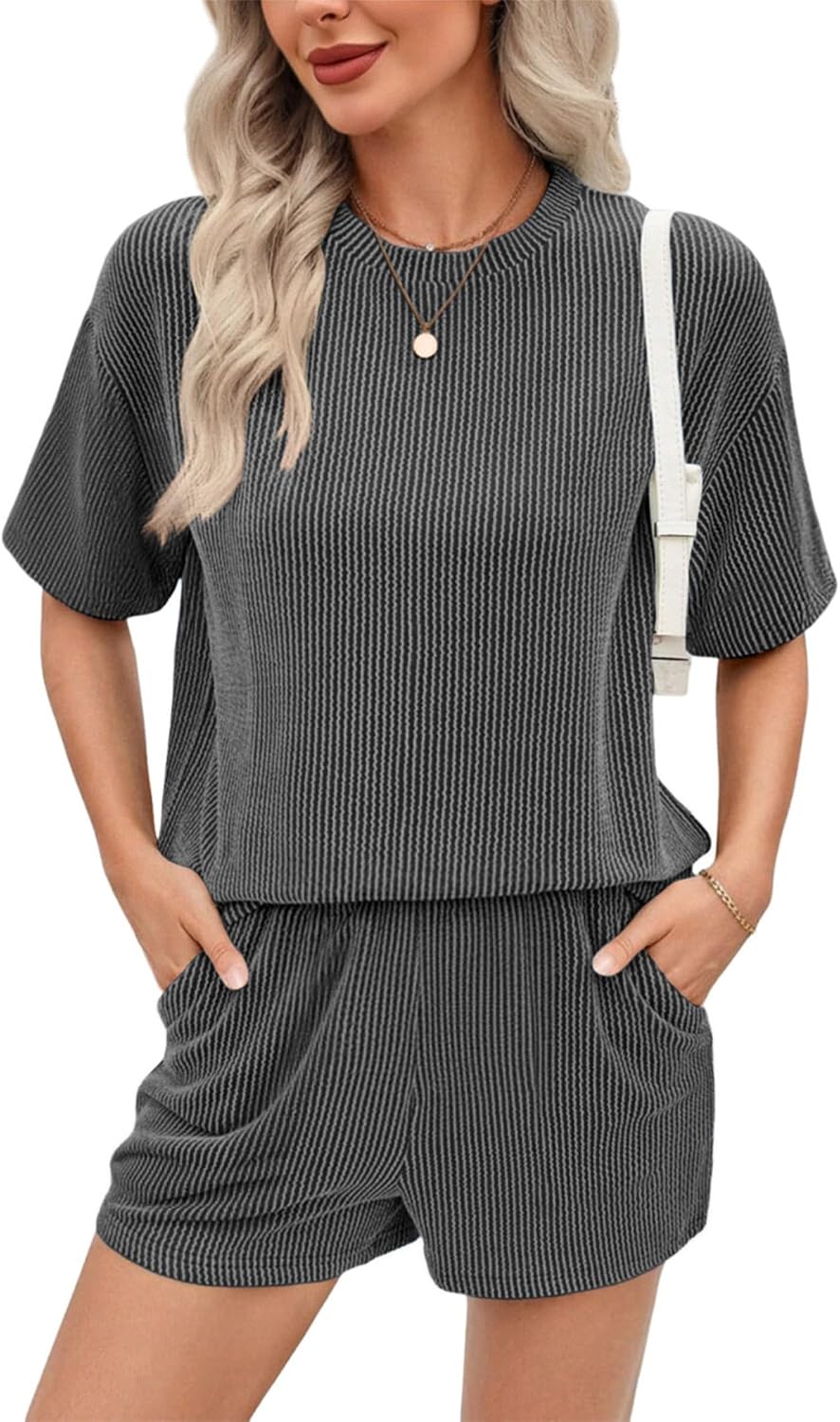 Ekouaer Short Sets for Women 2 Piece Outfits Summer Loose Lounge Set Ribbed Textured Knit Short Sleeve