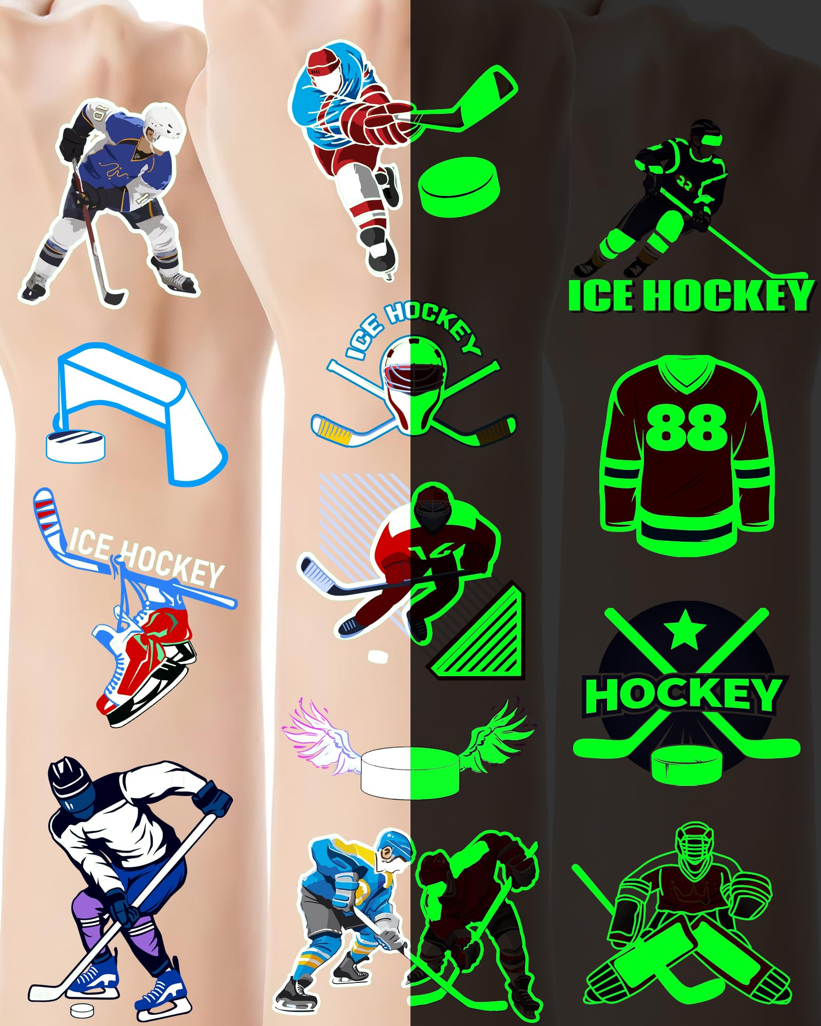 168 Pieces Luminous Hockey Temporary Tattoos Stickers,20 Sheets Glow in The Dark Ice Hockey Themed Tattoos Stickers Party Decoration Supplies Party favors for Kids Adults