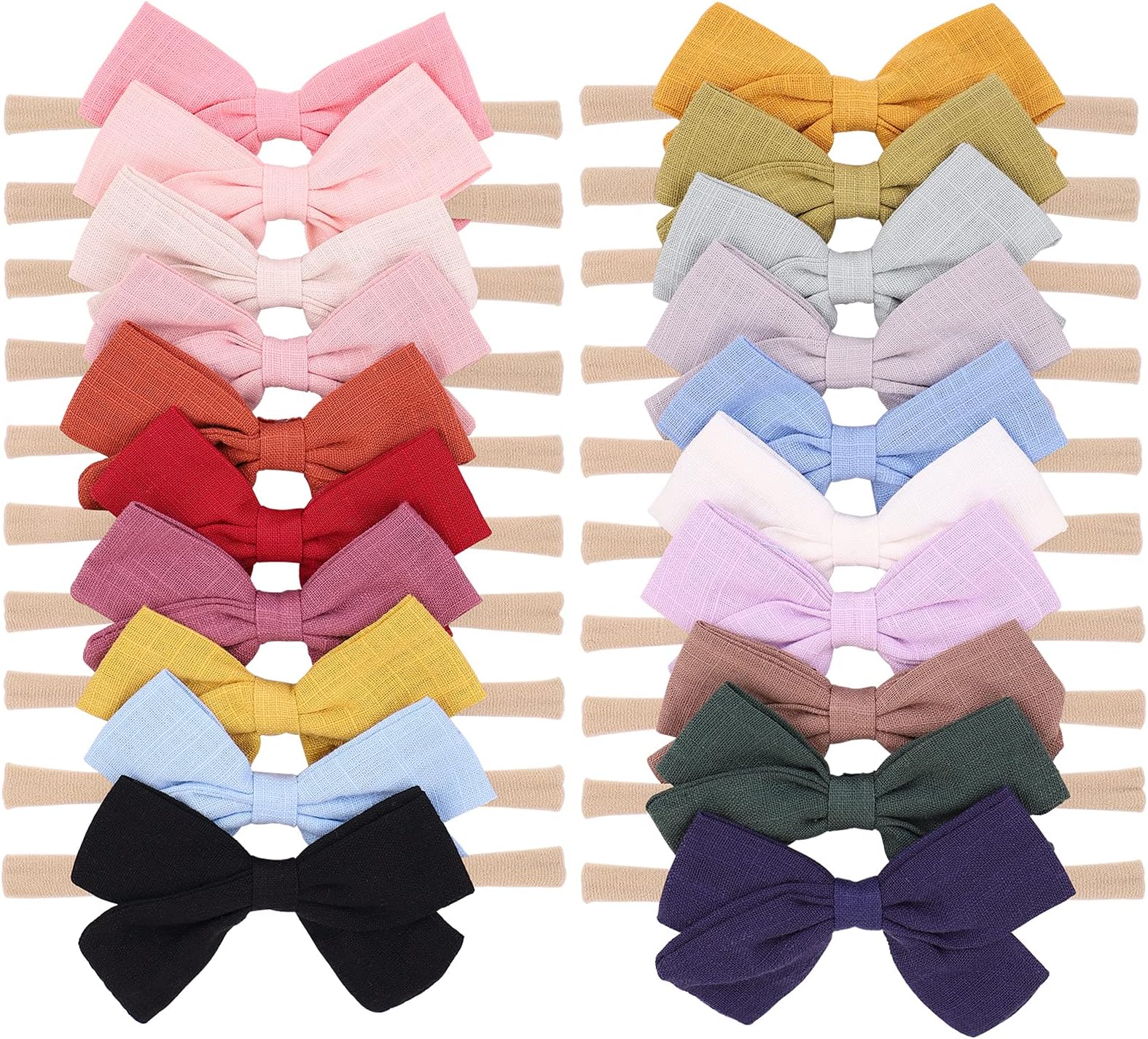 jollybows 20pcs Baby Girls Nylon Hair Bows Headbands Linen Hair Bands Elastic Hair Accessories for Kids Infants Newborn