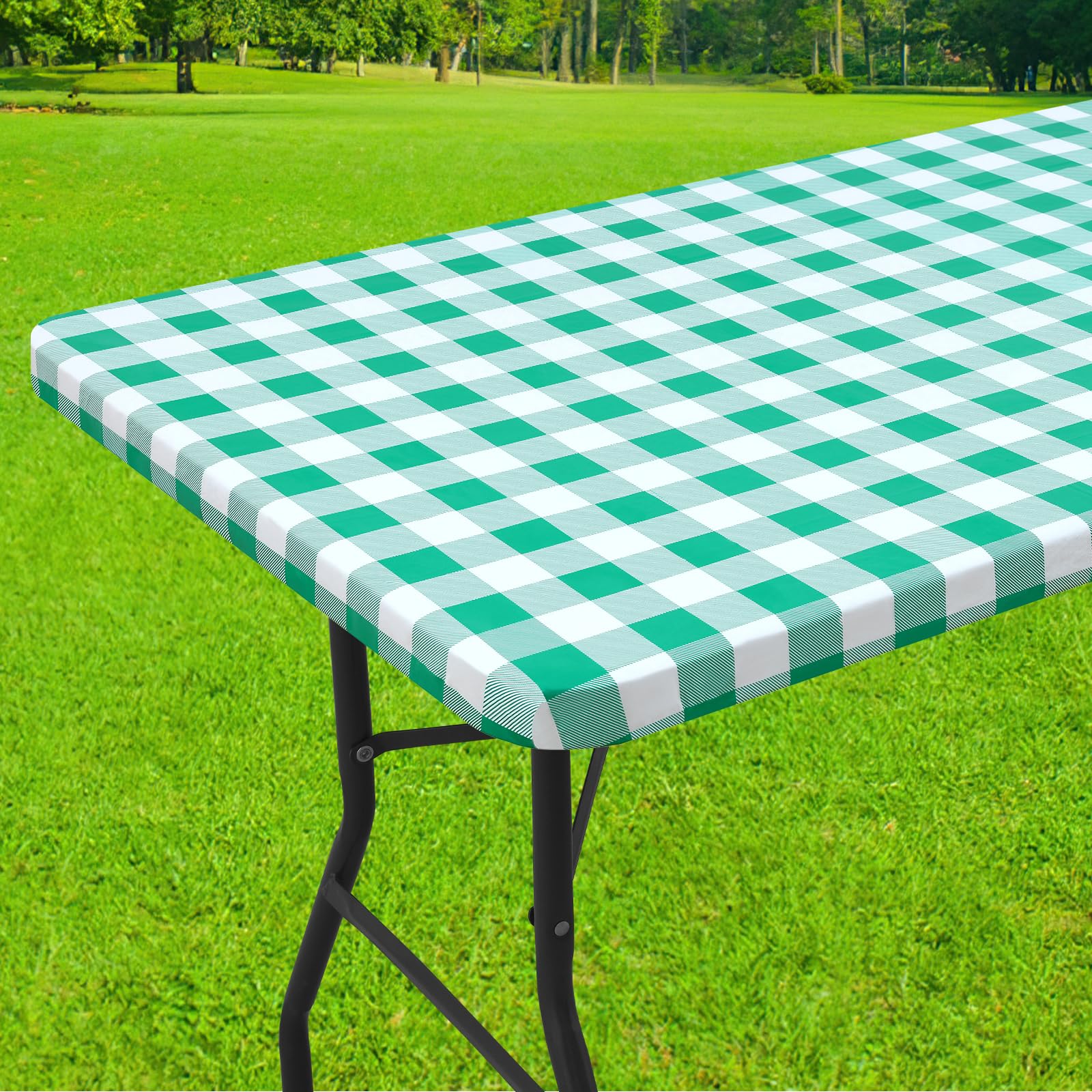 Smiry Rectangle Picnic Table Cloth, Elastic Waterproof Fitted Vinyl Tablecloths, Flannel Backed Buffalo Plaid Table Covers for Dining, Camping,