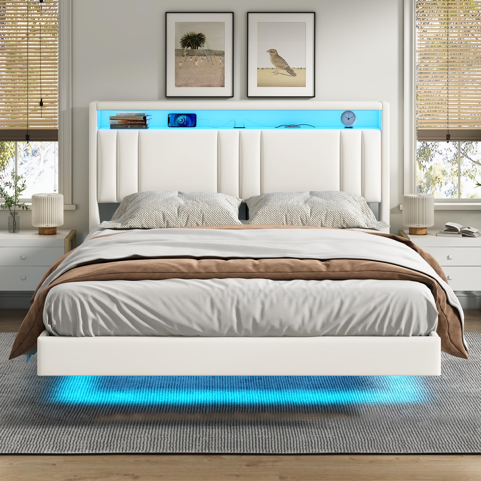 KIMENICH Lit 140x190 cm, Effet Flottant, Lits Double avec LED Réglable, Multiprise et Étagère Ouverte, Cadre de Lit avec Sommier à Lattes, Lits Flottant Rembourré, PU Blanc