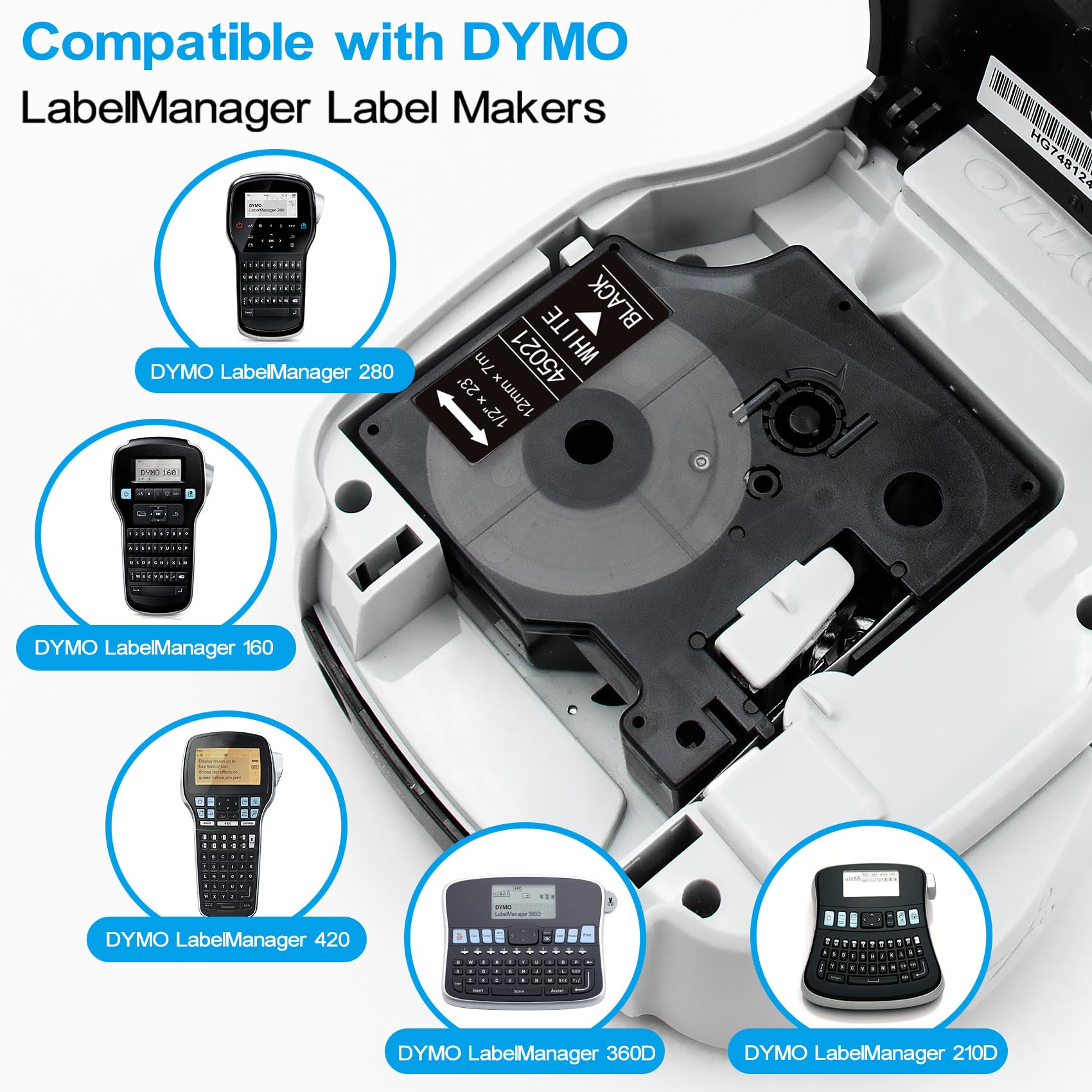 Compatible with Dymo D1 Label Black Tape 45021, White on Black, Replace for Dymo Label Maker Refills 12mm x 7m - Image 2