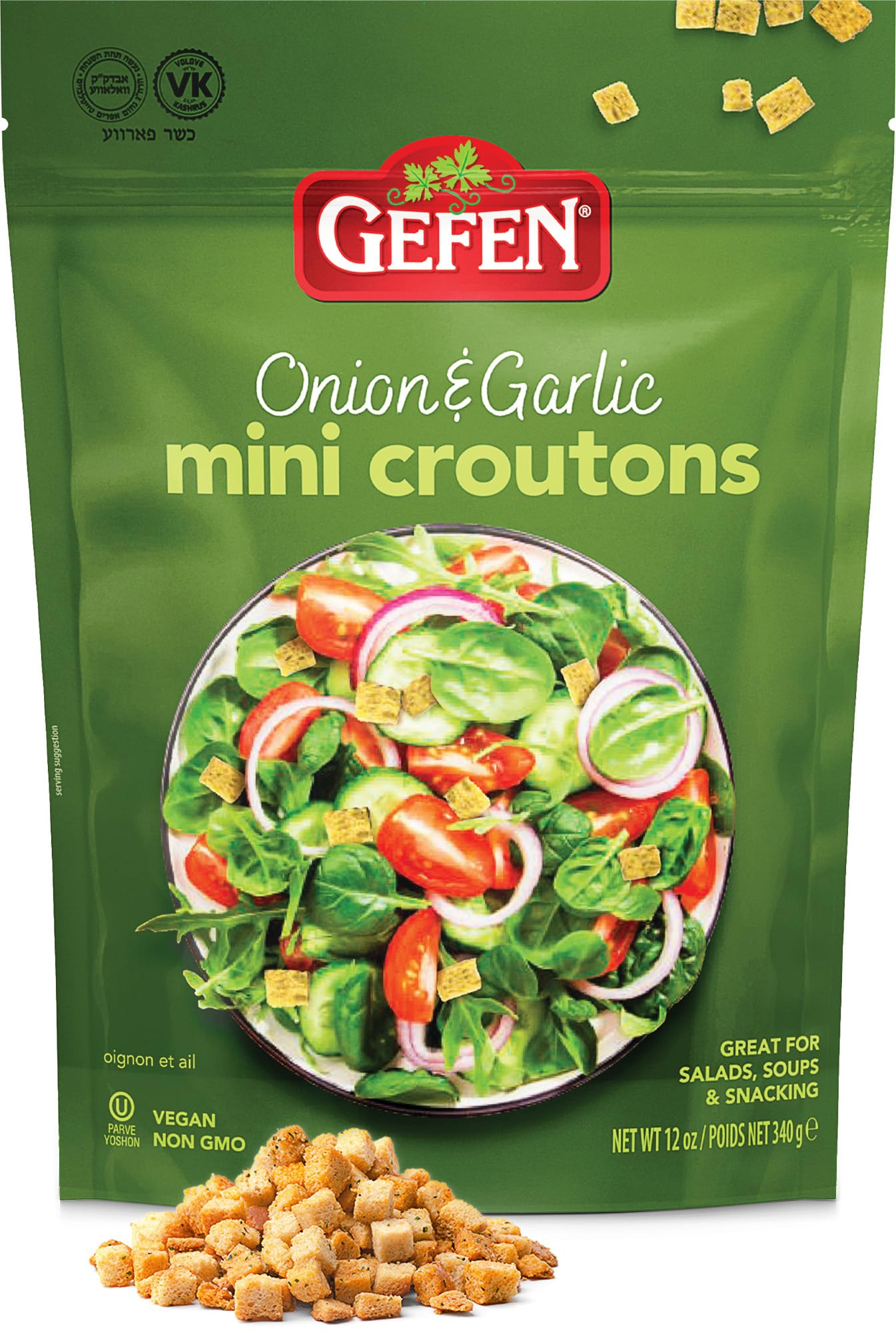 Gefen Onion Garlic Mini Croutons, 12 oz | Mini Croutons for Salad, Soup and Snacking | Dairy Free Seasoned Croutons | Vegan
