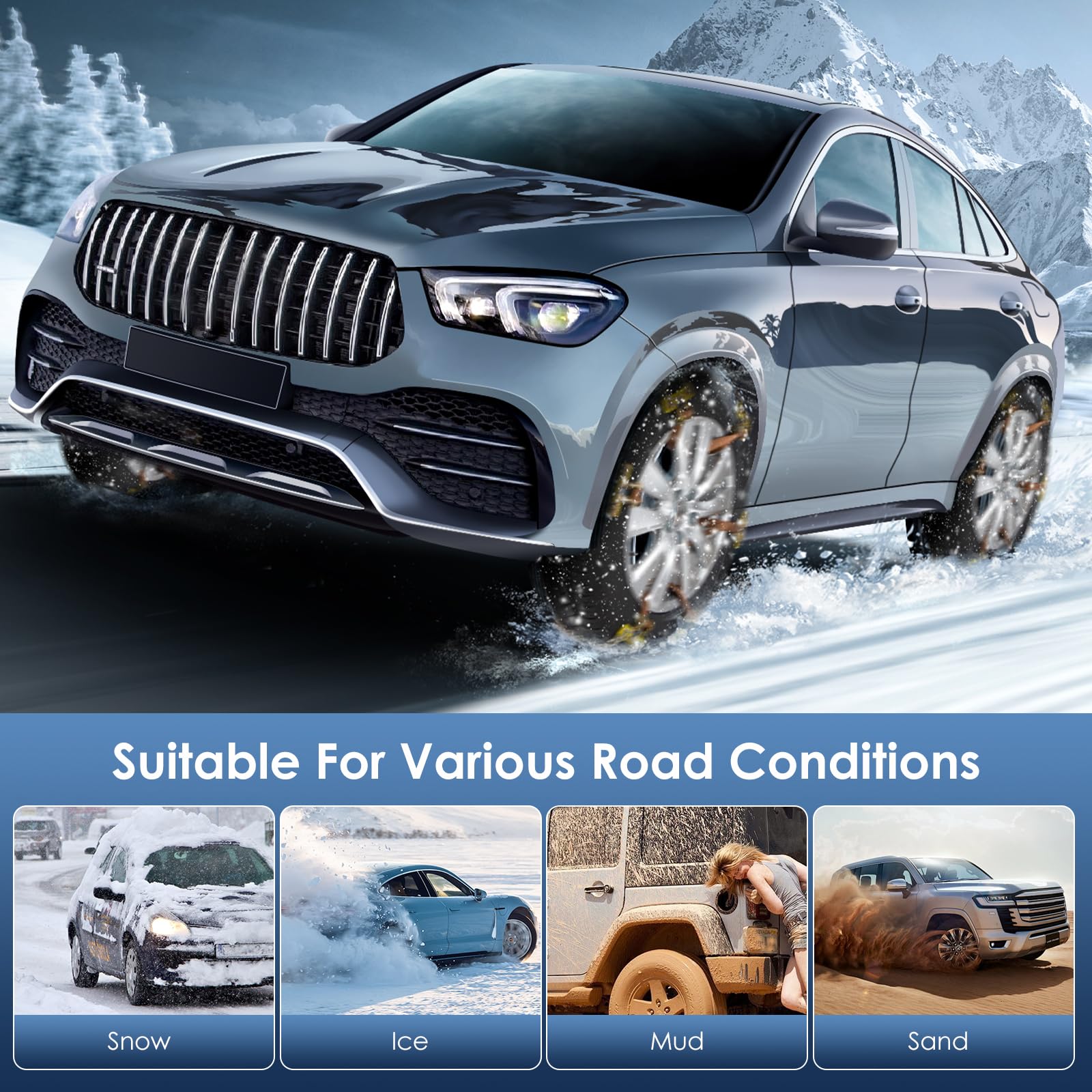 Ninonly Cadenas de Nieve para Coche 6 Piezas Universal Cadenas para Coche con Pala de Nieve de Plástico y Guantes Cadenas para Nieve Fácil de instalar para Automóviles SUV Ancho Neumático 165-265mm