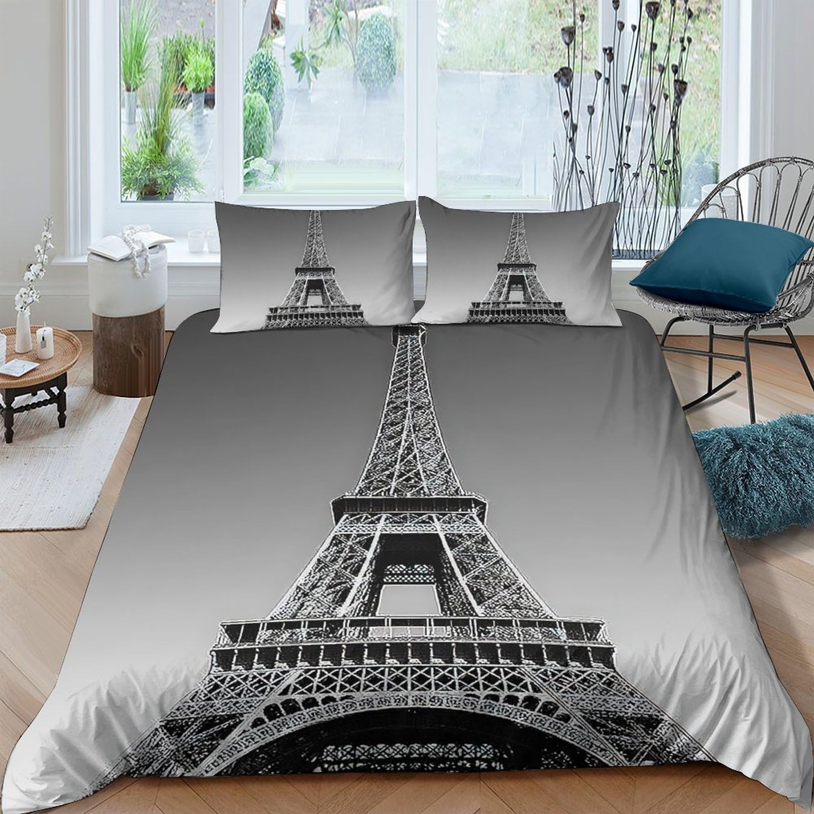 GPLZQXKJNH 3D Printed Eiffel Tower Duvet Cover Microfiber Soft Breathable Paris Landmark Bedding Set with 2 Pillowcases for Bedroom Decor Single（135x200cm）