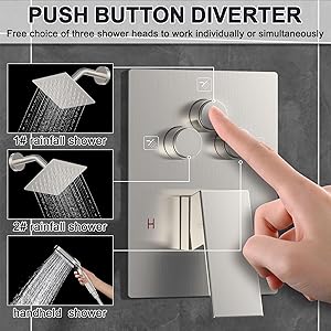 Iriber Shower Faucet Set Brushed Nickel,Push Button Diverter Bathtub Shower System with 2 in 1 Handheld, 6 Inch Dual Shower Head for 2 people Combo Trim Kit Wall Mount (Valve cartridge Included)