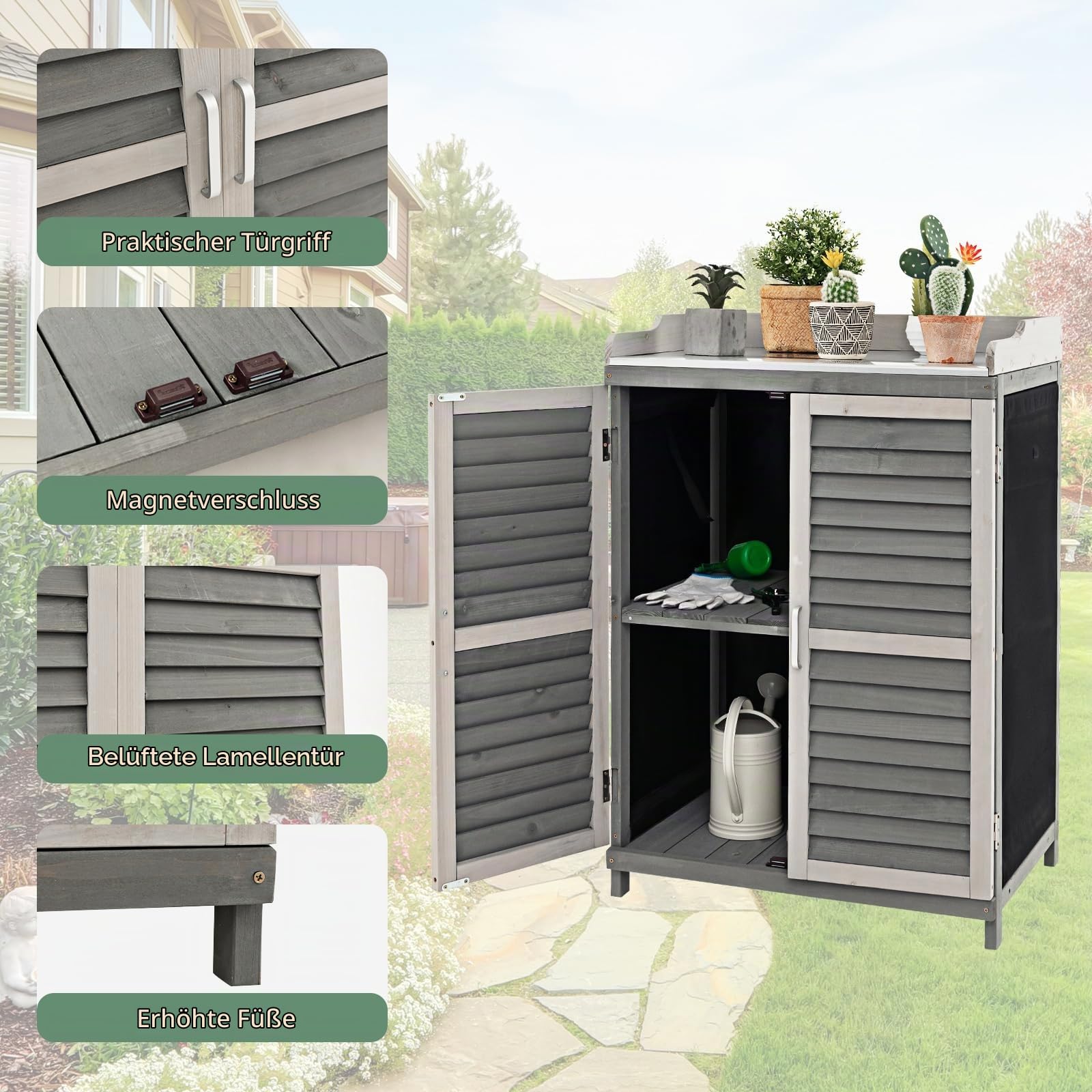 HOMASIS Pflanztisch Outdoor wetterfest aus Holz, Gartentisch mit Schrank & Metallplatte, Arbeitstisch mit 2 Regaln & 3 Rolltüren, Blumentisch Holzschrank für Terrasse Garten Balkon, 67x47x100cm, Grau
