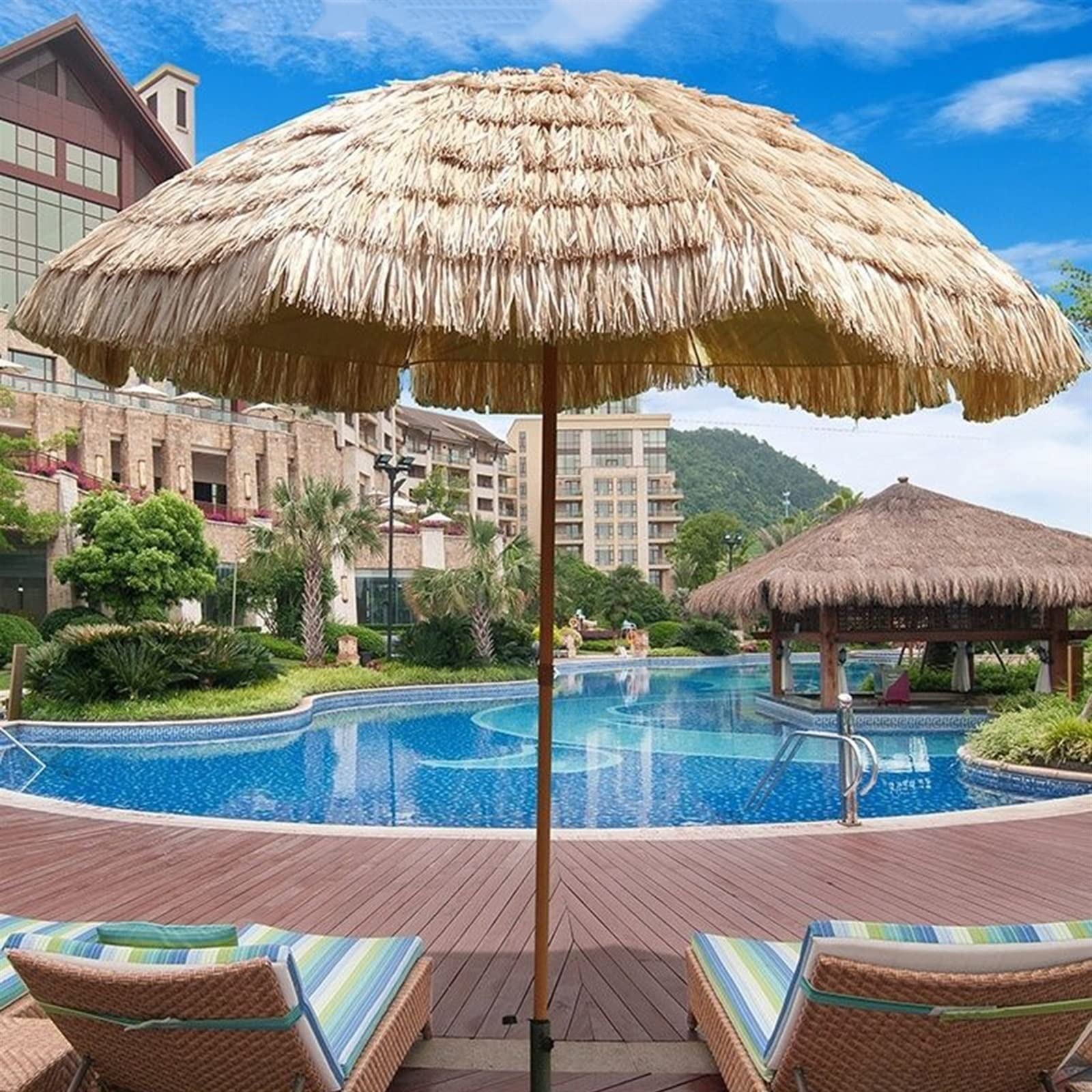 Rund Ø145cm Strandschirm Neigbar Tropisch Hawaiischirm Simulation Strohgedecktes Dach UV-Schutz for Garten Außenbereich