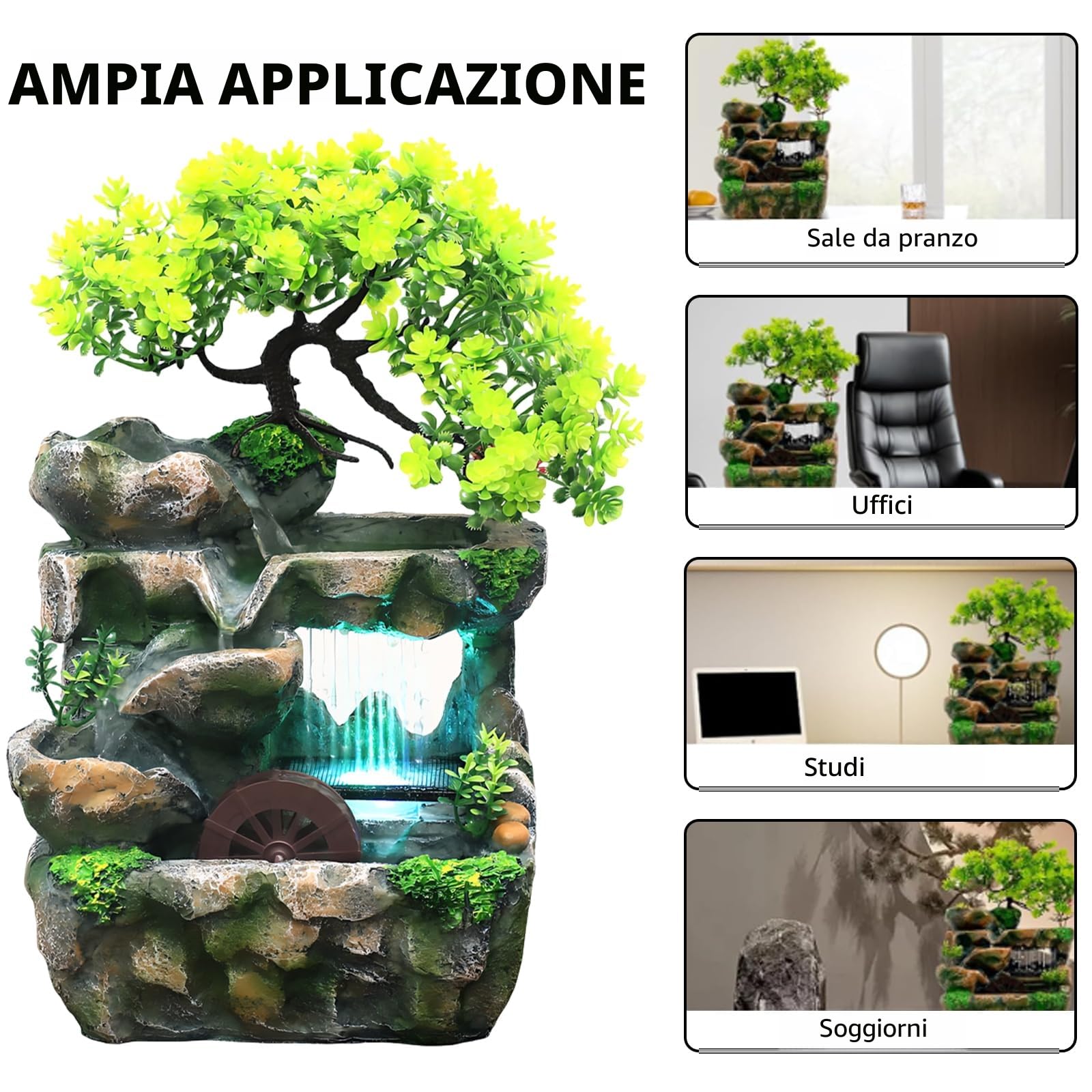 Fontana verde Pianta Fontana da Tavolo Cascata con Illuminazione a LED che Cambia colore, Fontana da Tavolo con Ruota Feng Shui, Fontana per Posizionamento Soggiorno, Ufficio Pulisce l'aria 18 x 30cm