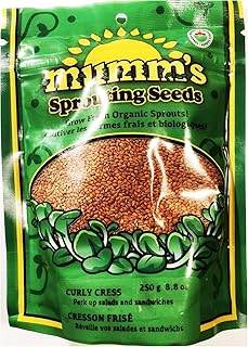 Organic Curly Cress (Cresson Frisé) Sprouting & Microgreen Seeds, Mumm's, Large Size: 250 Grams - Non-GMO - High Germination Rate - Important source of iron, folic acid, calcium, vitamins C, E and A - Resealable Bag