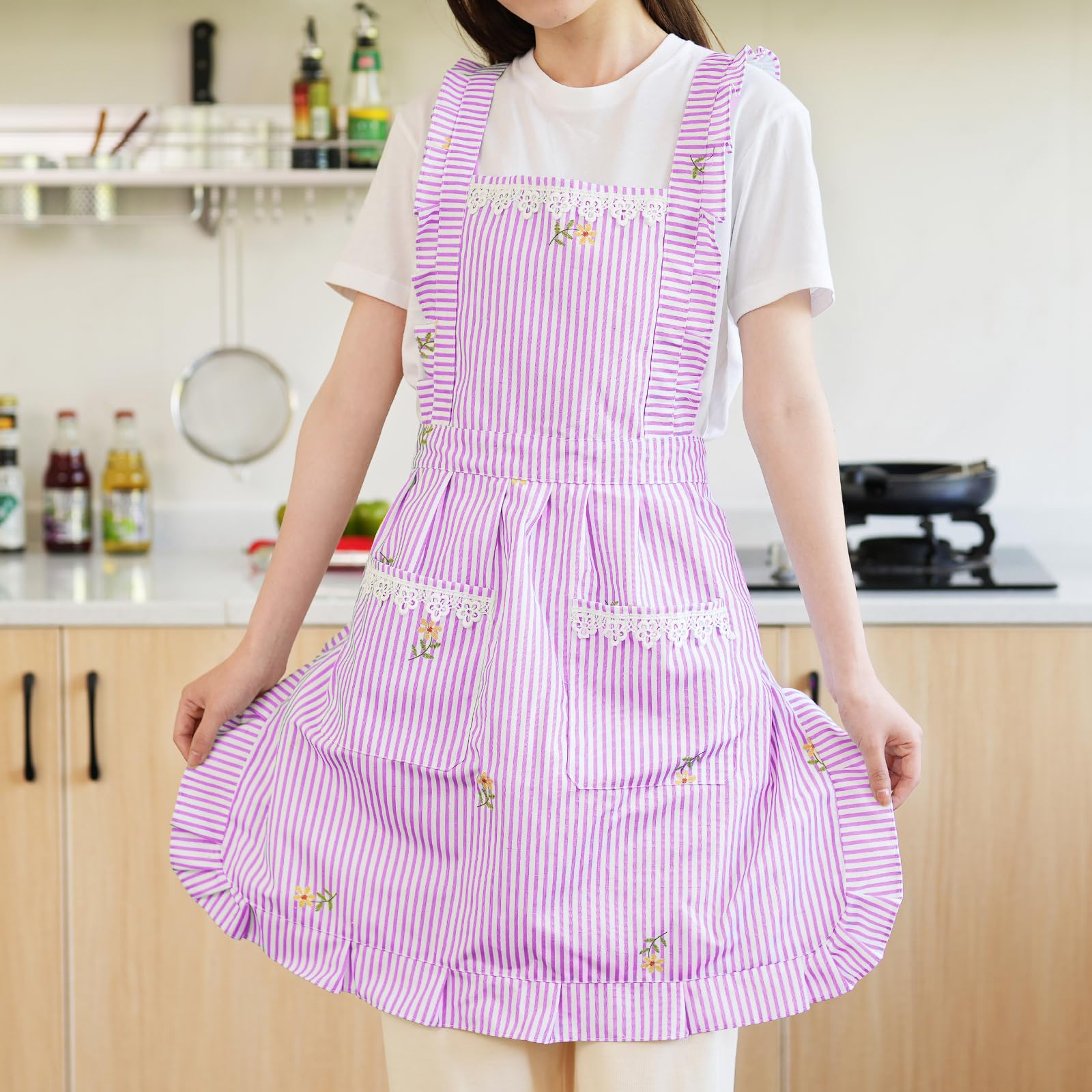 Delantales divertidos para mujer con bolsillos, para cocina, parrilla, barbacoa, lindo delantal de chef, día de la madre, regalos de cumpleaños para mujeres, Rosa/Rayas, M