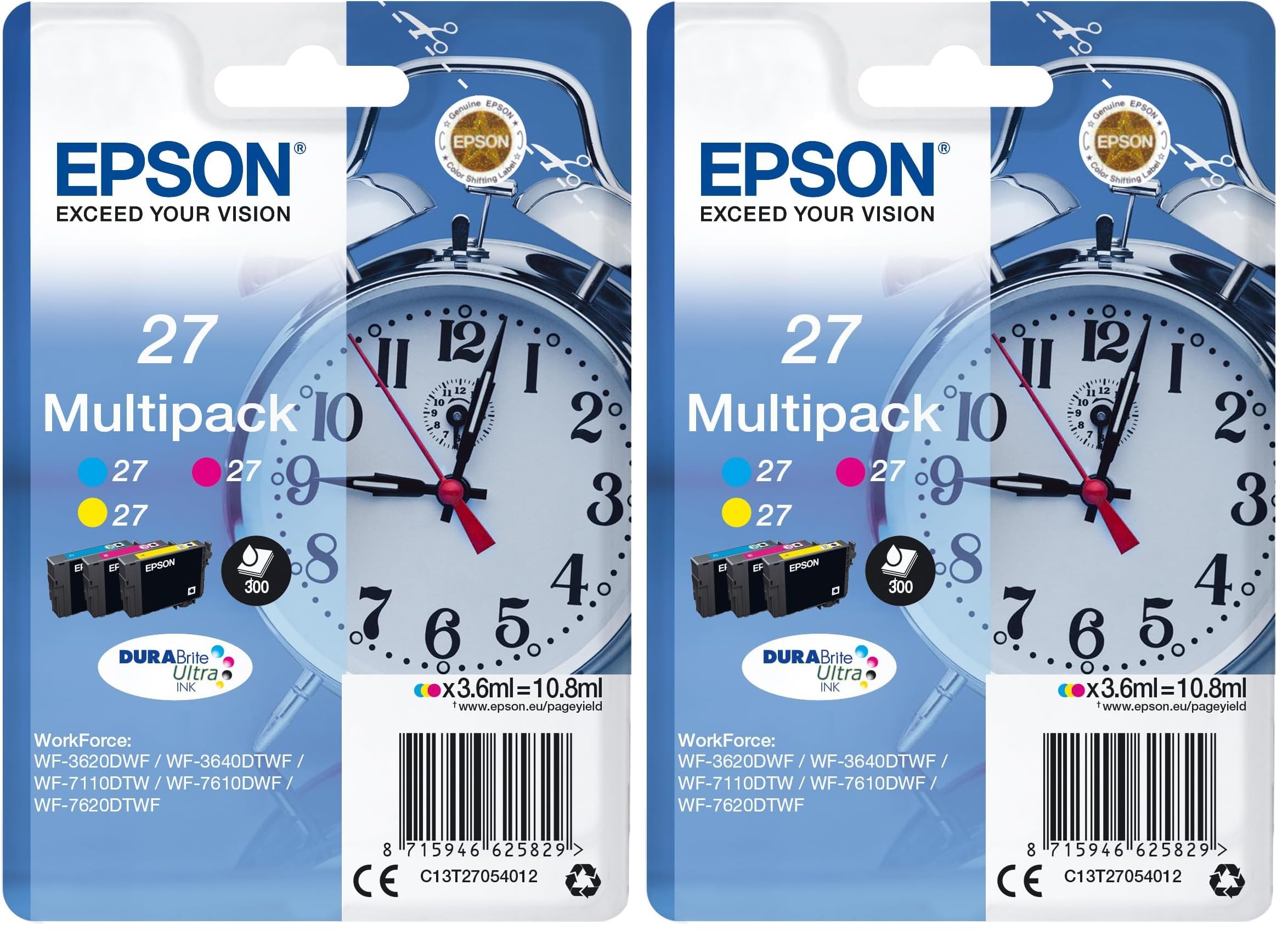 Epson T270540 3 Pack Serie Sveglia, Cartuccia Originale Getto d'Inchiostro Durabrite Ultra, Formato Standard, Multipack 3 Colori (Confezione da 2)