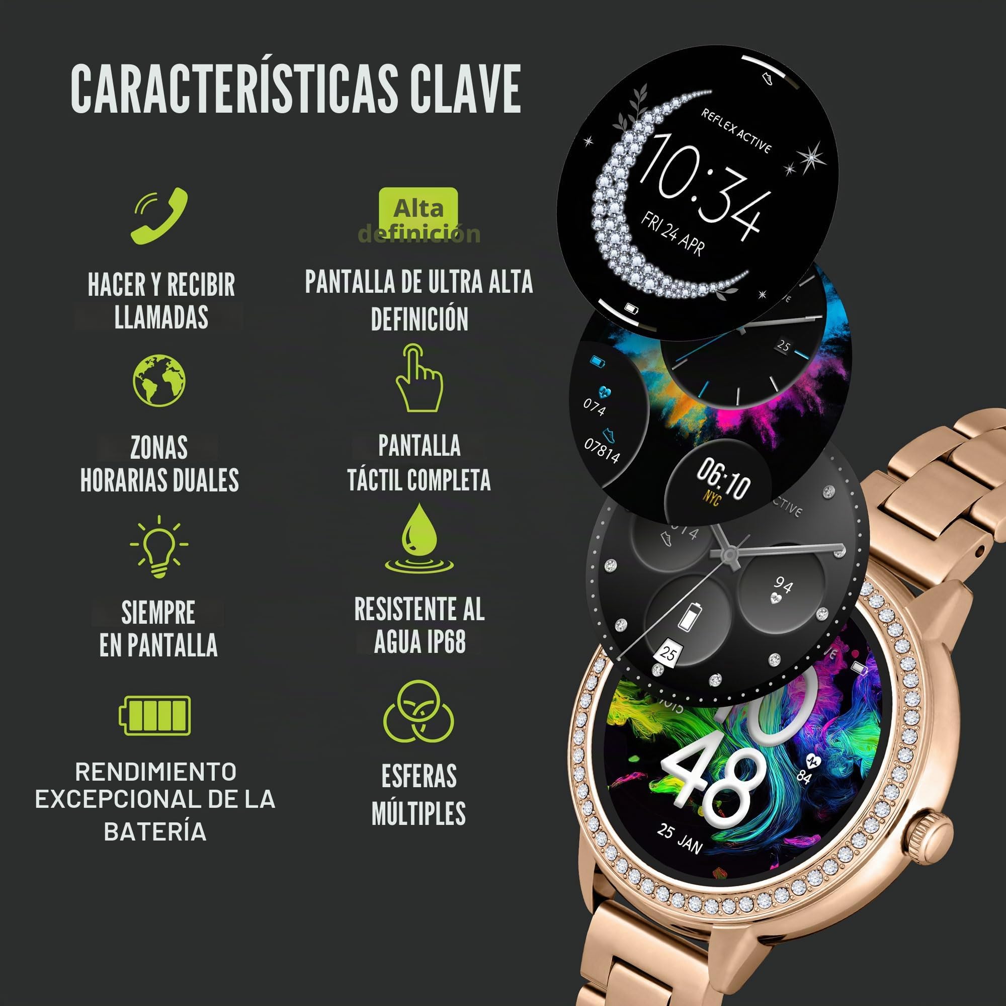 Reflex Active Reloj inteligente Amoled Series 41 para mujer con modos deportivos, frecuencia cardíaca, hacer y contestar llamadas, reproductor de música, GPS, contador de pasos, seguimiento de ciclo y