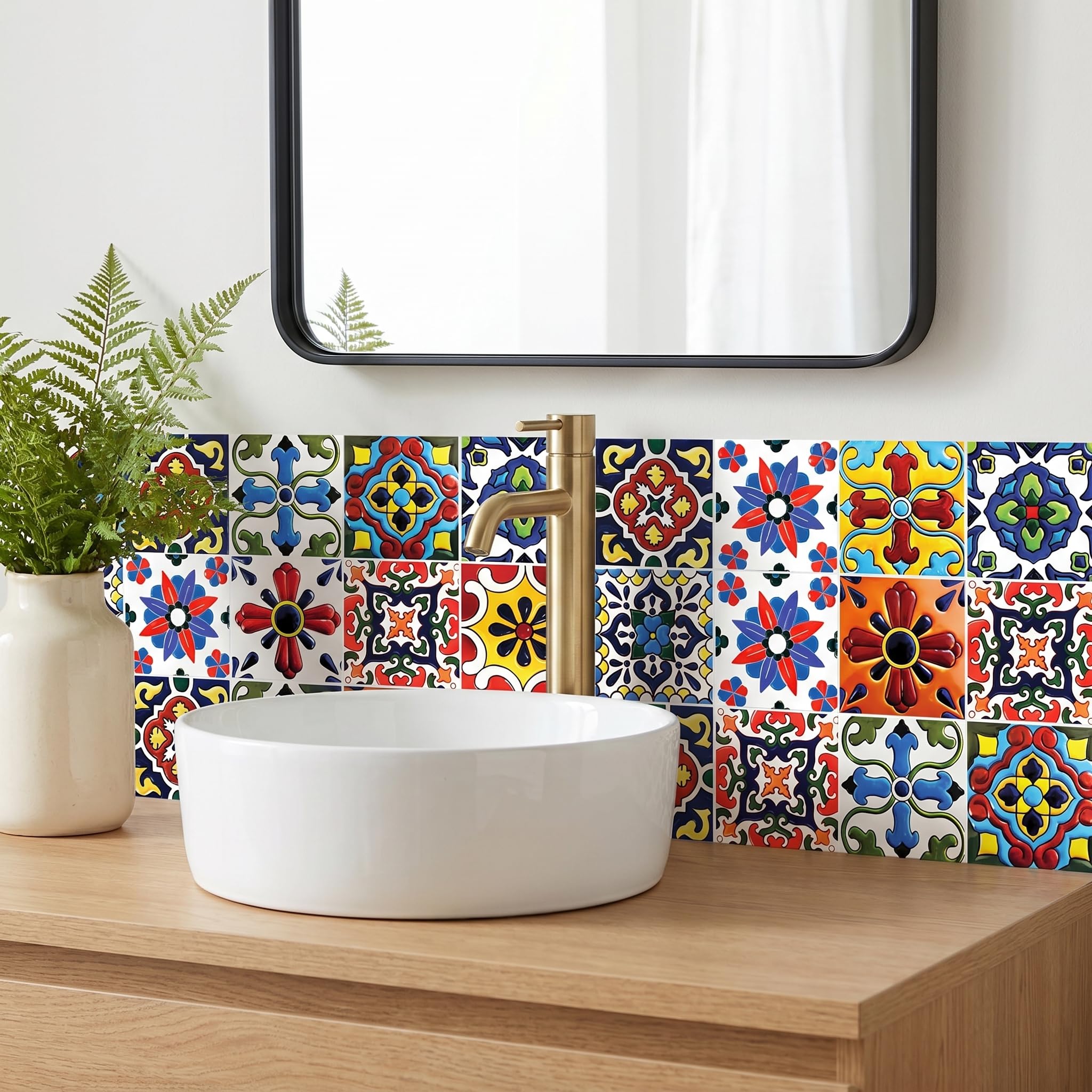 Boho Talavera Peel and Stick Tile Stickers - Easy DIY Backsplash for Kitchen Walls - Waterproof Vinyl Decals for Stairs & Bathroom Decor -30 Pcs 4x4 Inch