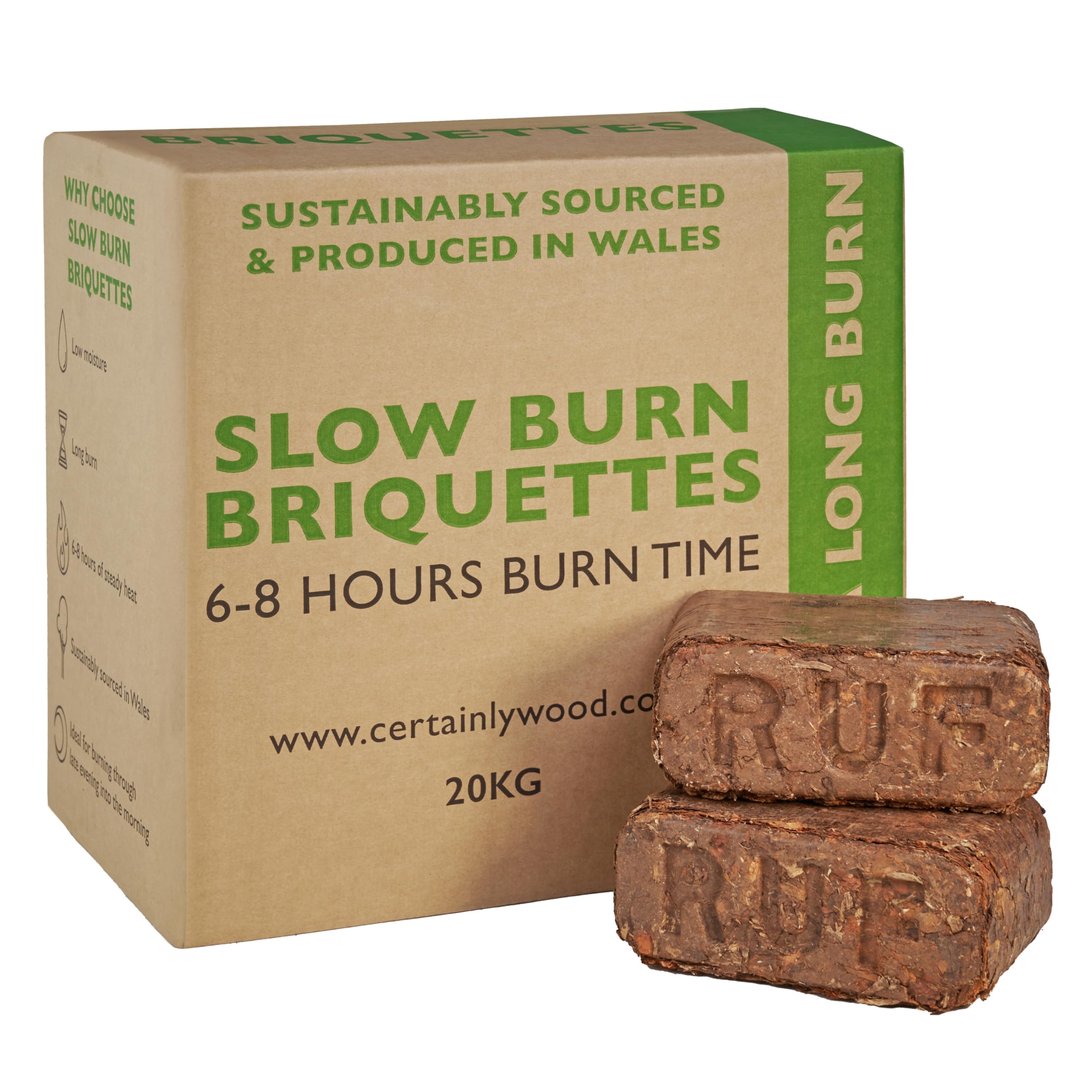 2 x Certainly Wood Premium Slow Burn Briquettes - 6 to 8 hours Perfect for Log Burners & Wood Stoves. 20 Briquettes Per Box .Eco Friendly – Made in Wales (2 x 20Kg Box)