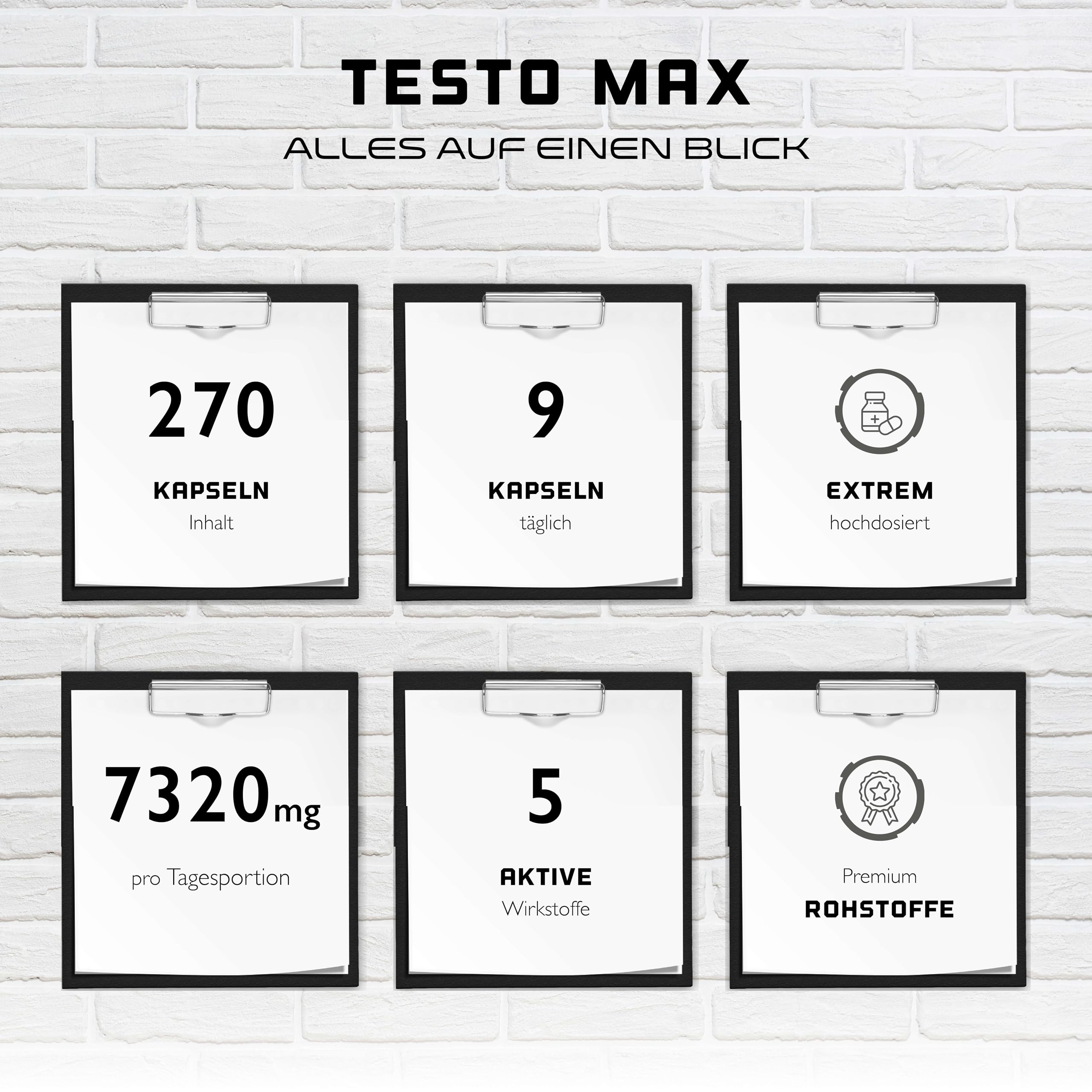 Testo MAX - 270 cápsulas - Extra fuerte: Altamente dosificado con 7320 mg por porción diaria - Con aminoácidos, extractos de plantas Tribulus y Maca, Boron, ácido D-Aspártico - Vegano