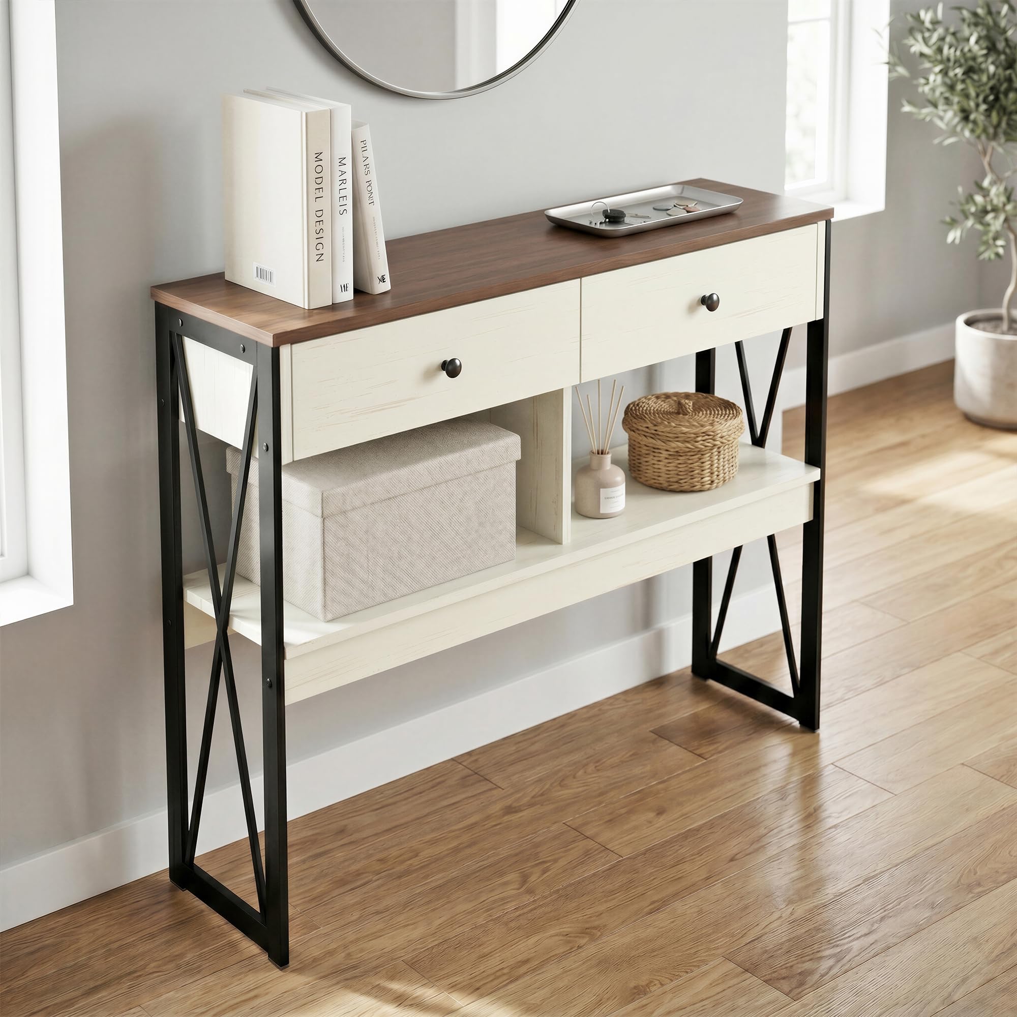Manora Mesa de Consola Industrial, Mesa de Entrada con 2 Cajones y estantes de Almacenamiento, Mueble de Entrada para Salón, Pasillo y Recibidor, 100 x 24 x 76cm, Blanco y Marrón