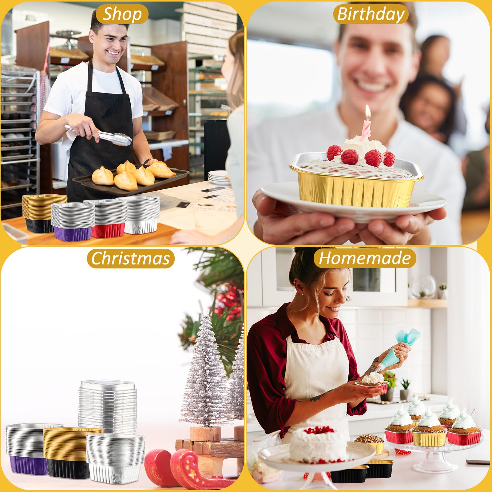 150 tazas de papel de aluminio de 10 onzas con tapas, tazas cuadradas para hornear, moldes desechables para hornear, moldes para cupcakes, para alimentos, brownie, pudín, postres, hornear, cocina,