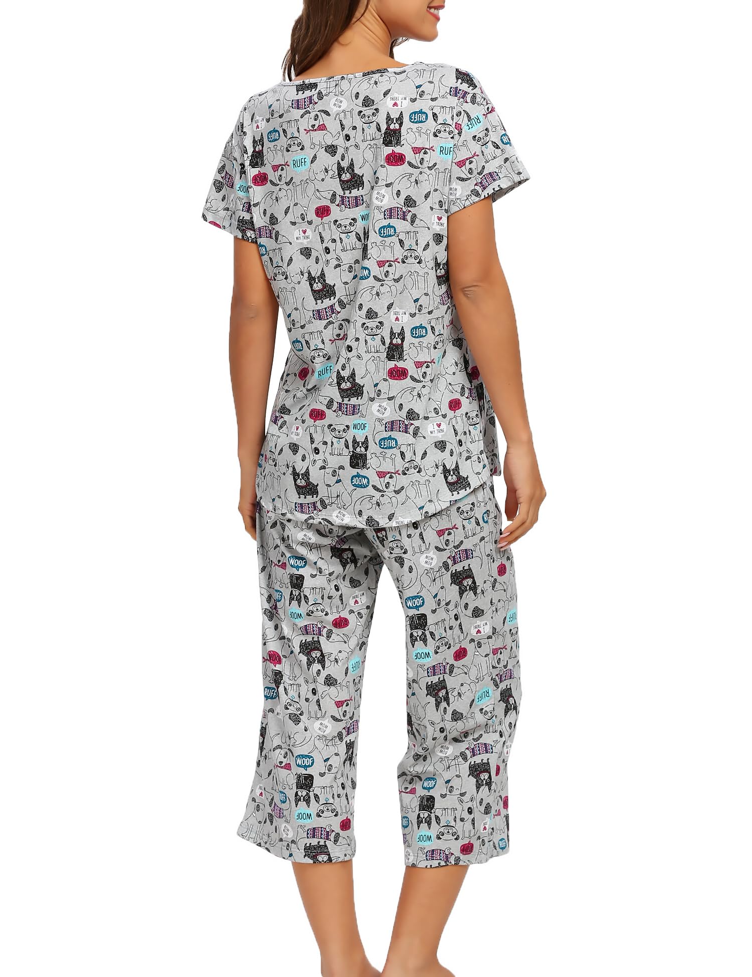 ENJOYNIGHT Ensemble pyjama court pour femme, en coton, haut à manches courtes et pantalon 3/4, tenue d'intérieur, vêtements de nuit, pour l'été