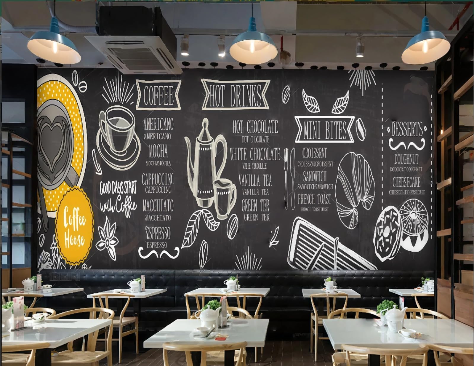 Xdoubao 3D Wallpaper Blackboard Hand-Painted Drinks Coffee Theme Cuisine Snack Bar Afternoon Tea Western Restaurant Background Wall Wallpaper Coffee Shop Mural,,300X210cm