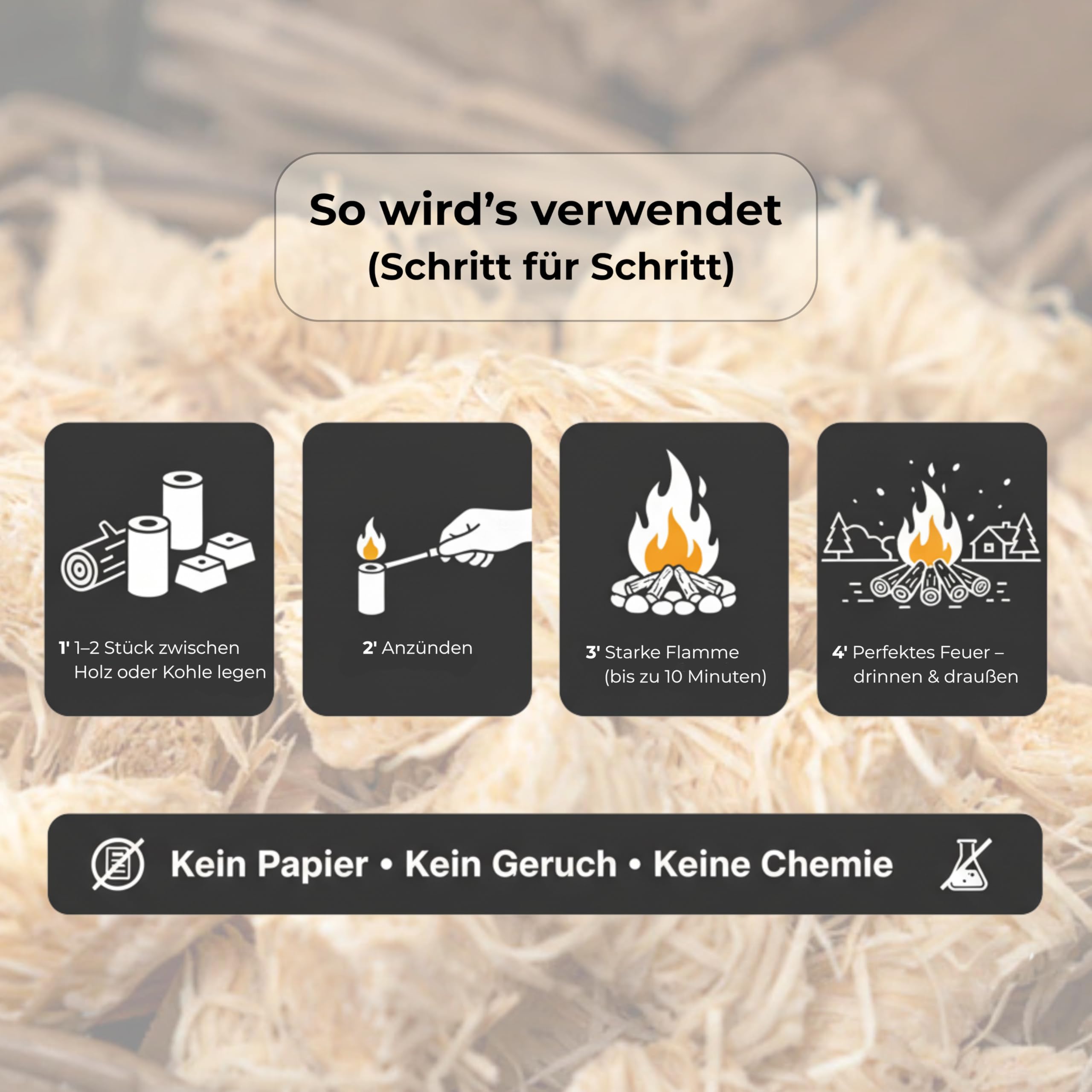 HORECA CANDLES Holzwolle Anzünder - 1000 Große Öko Feueranzünder & Anzündhilfe aus natürlicher Holzwolle - Geruchlos & Rauchfrei - Für Kamin, Grill, Ofen & Pizzaofen - Wasserfest & Nachhaltig