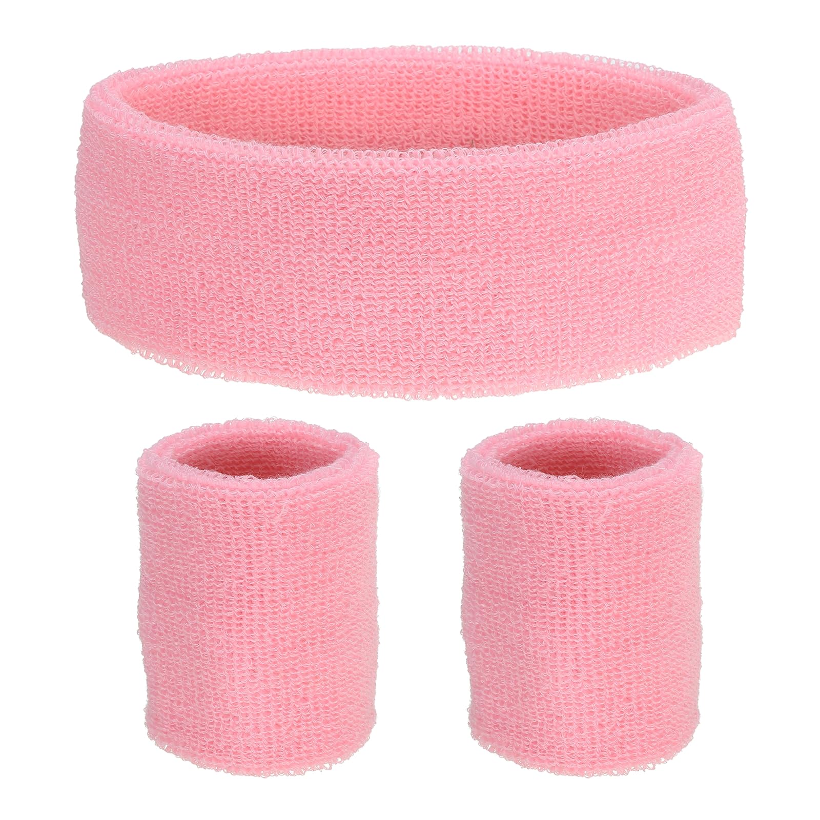 PATIKIL Sports Wristbands Headband Set, 8x8cm Cotton Terry Cloth Athletic Absorbent Sweatband 20x5cm Headband for Tennis Basketball Running, Pink (1 Headband & 2 Wristbands) — image 1