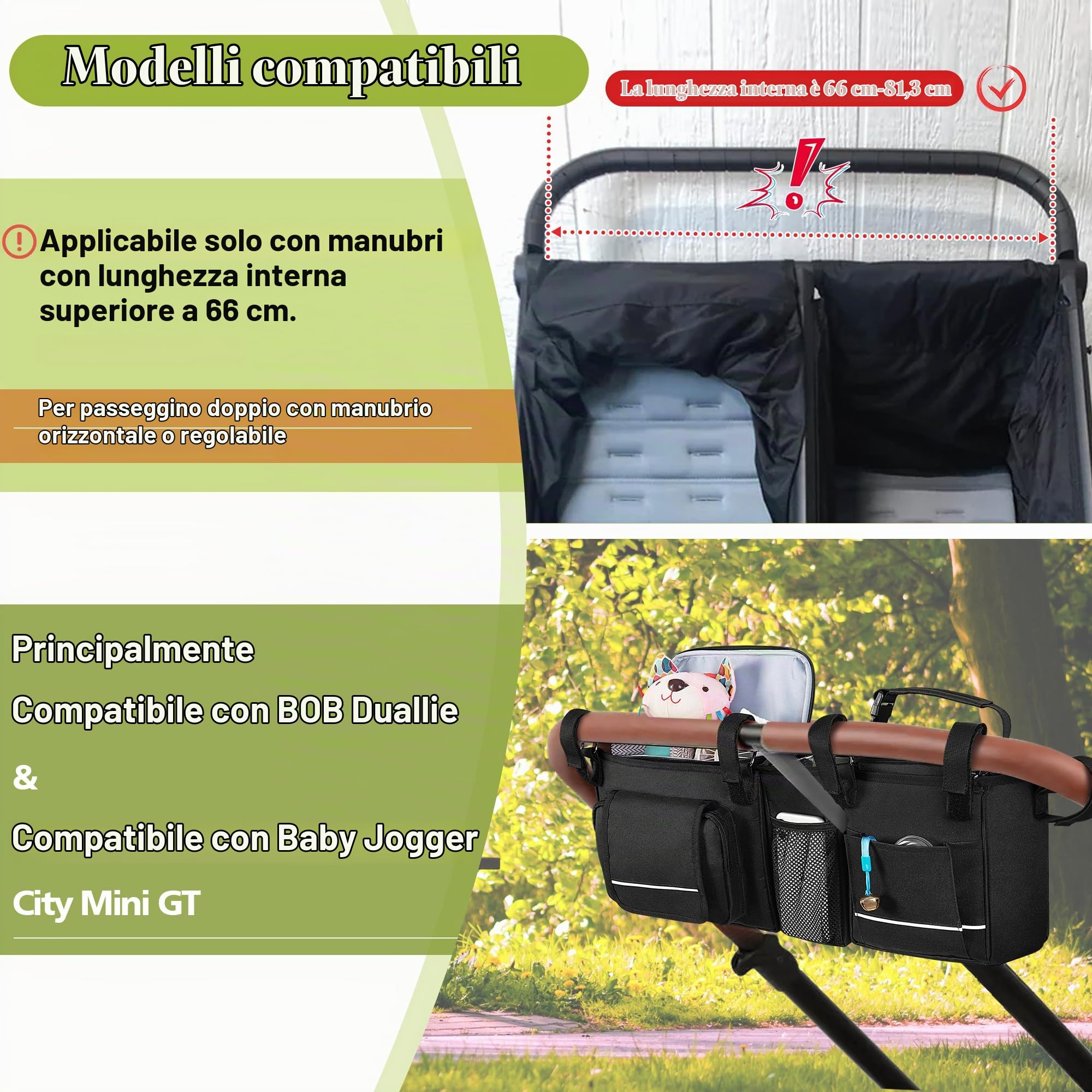 HODRANT Borsa per Passeggino Compatibile con Baby Jogger City Mini Gt2 Double | Organizer per Passeggino con Borsa Termica Rimovibile e Portabicchieri (Solo Borsa)