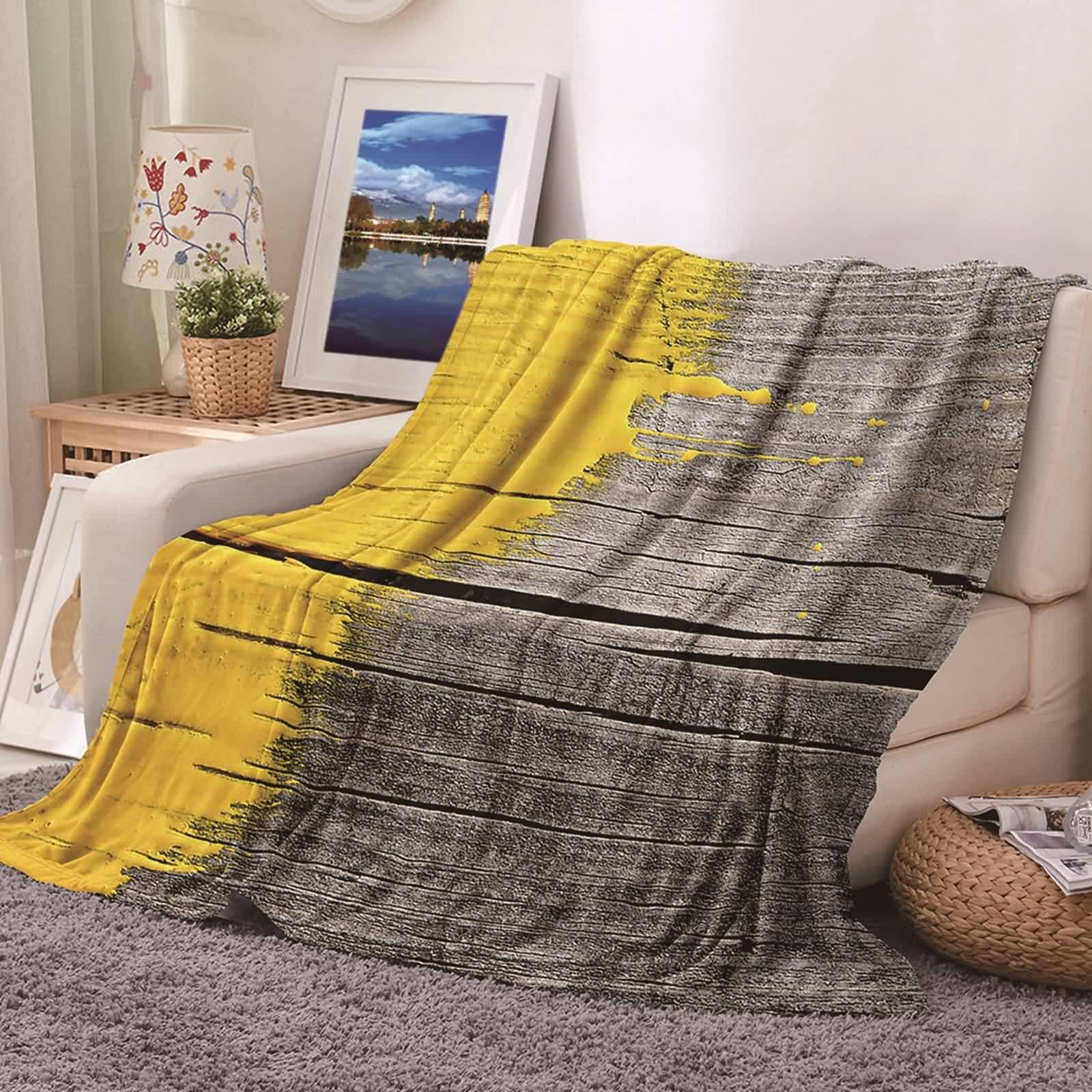 Fleecedecke Gelb, Kuscheldecke Oma Flanell Grau Ölmalerei-Stil Flanelldecke Blanket 160x200CM Weich Warm Wohndecke Sofa Bett Geschenk Küche, Haushalt & Wohnen