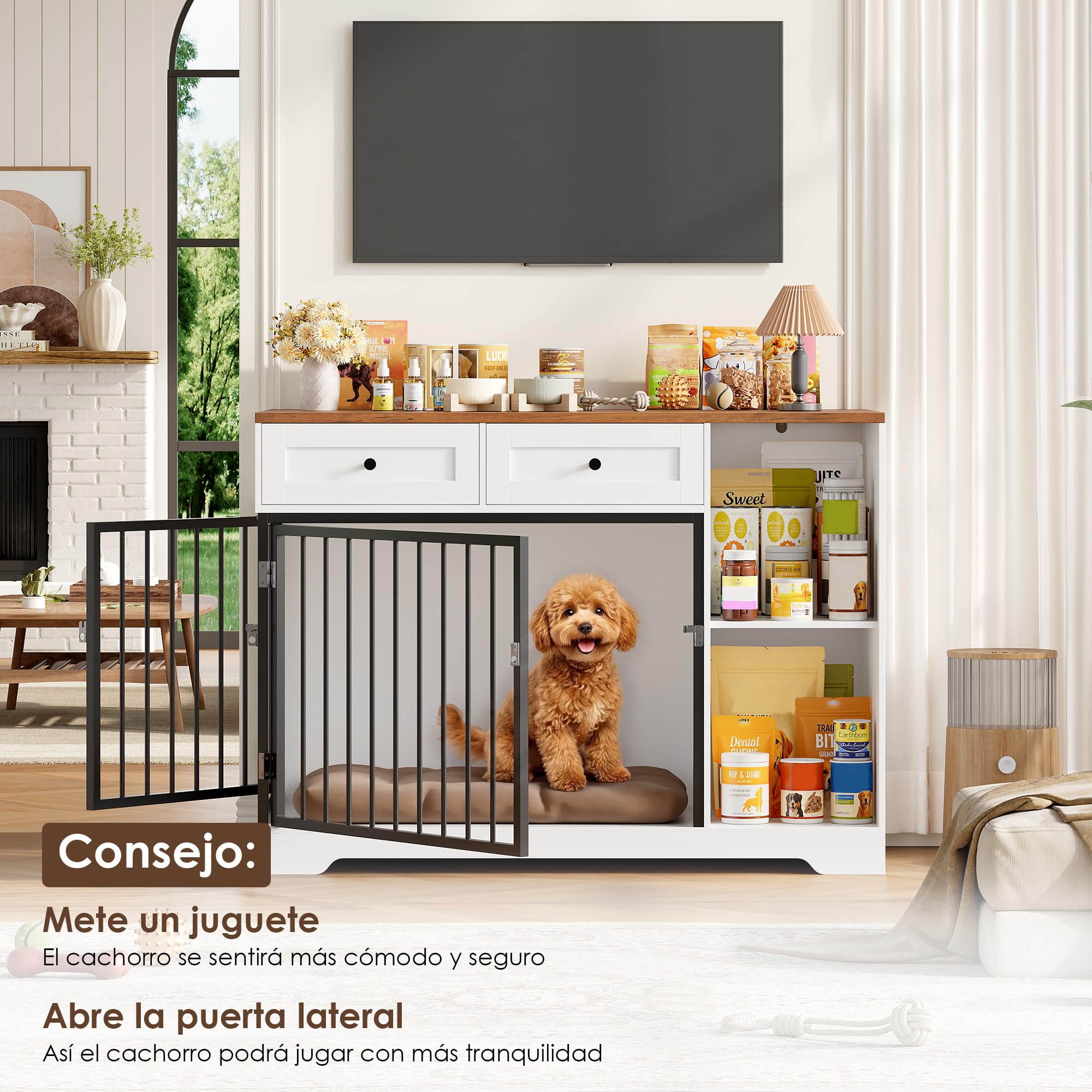 FirFurd 120 cm Jaula para Perros, Jaula Perro Grande, Caseta Perro, para Perros Pequeños y Medianos, para Interior, Metal y Madera, con 2 Cajones (Marrón y Blanco)