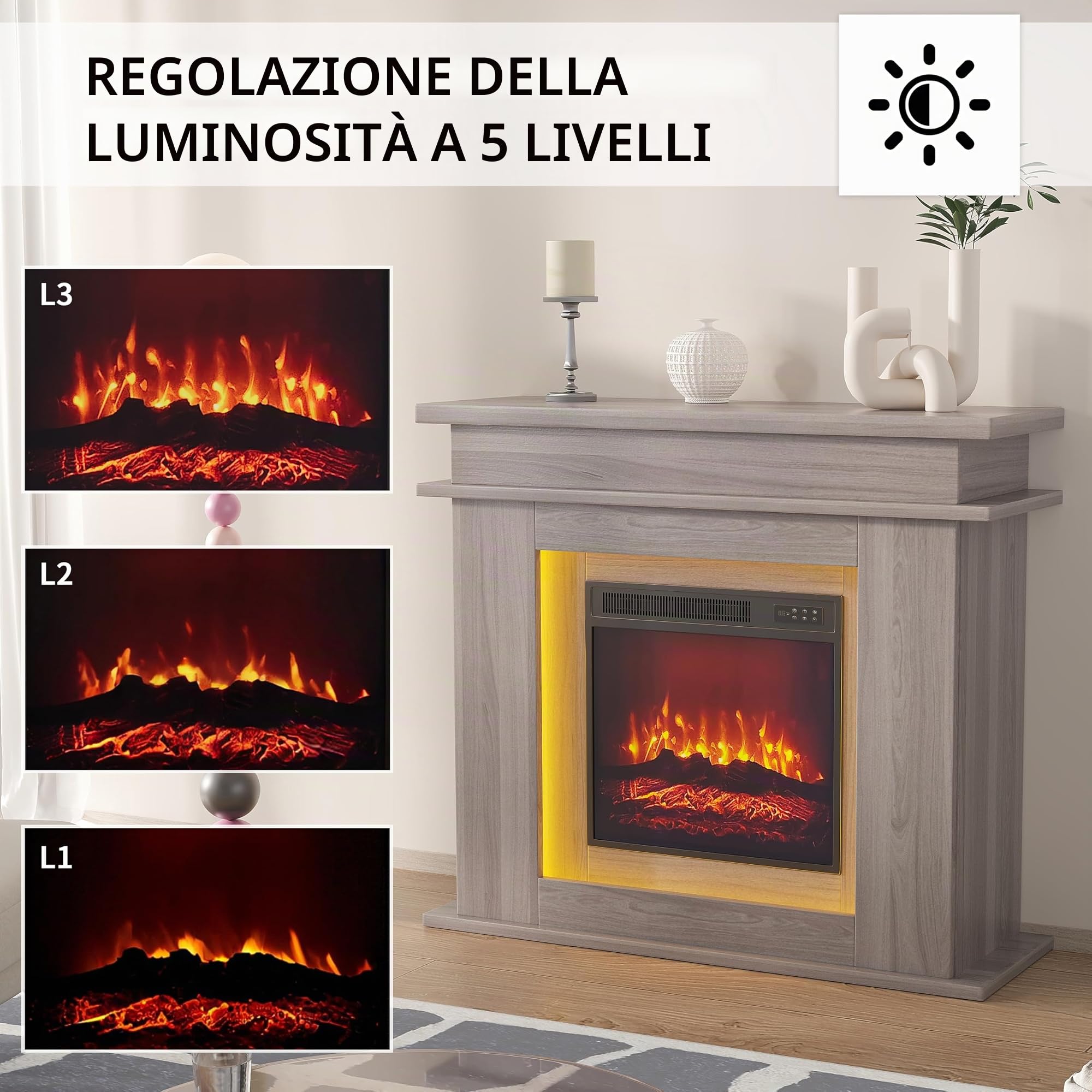 Camino elettrico da 40 cm con effetto LED 3D, effetto fiamma realistico con riscaldamento reagl, timer, striscia LED in 20 colori, telecomando (rovere)