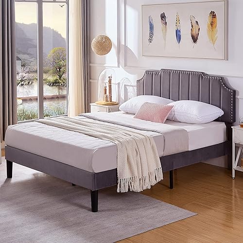 Miniatura 4 de VECELO Base de cama tapizada tamaño Queen con cabecera ajustable copetuda, base de colchón, soporte de listones de madera, fácil montaje, gris oscuro