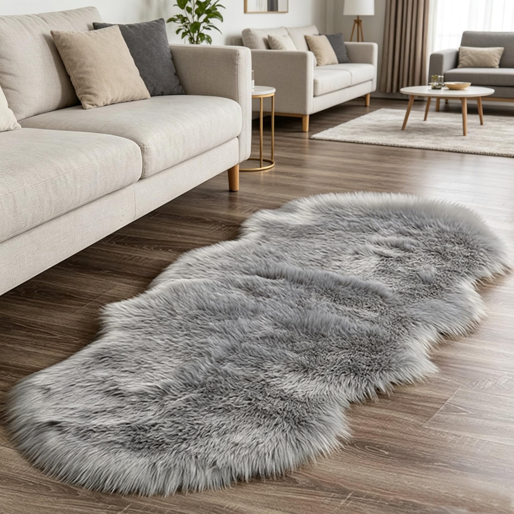 Grauer Kunstfell Teppich 160 x 60 cm, Weich, Flauschig, Für Wohnzimmer, Schlafzimmer, Sofa, Boden, Teppich Dekoration