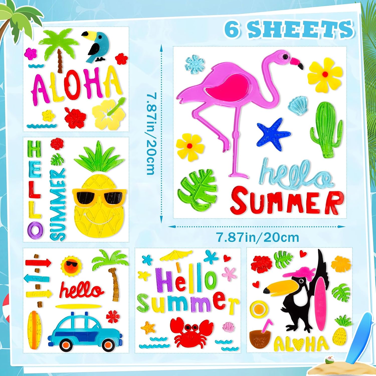 6 Pack Summer Window clings – Reusable Window Cling for Glass Windows