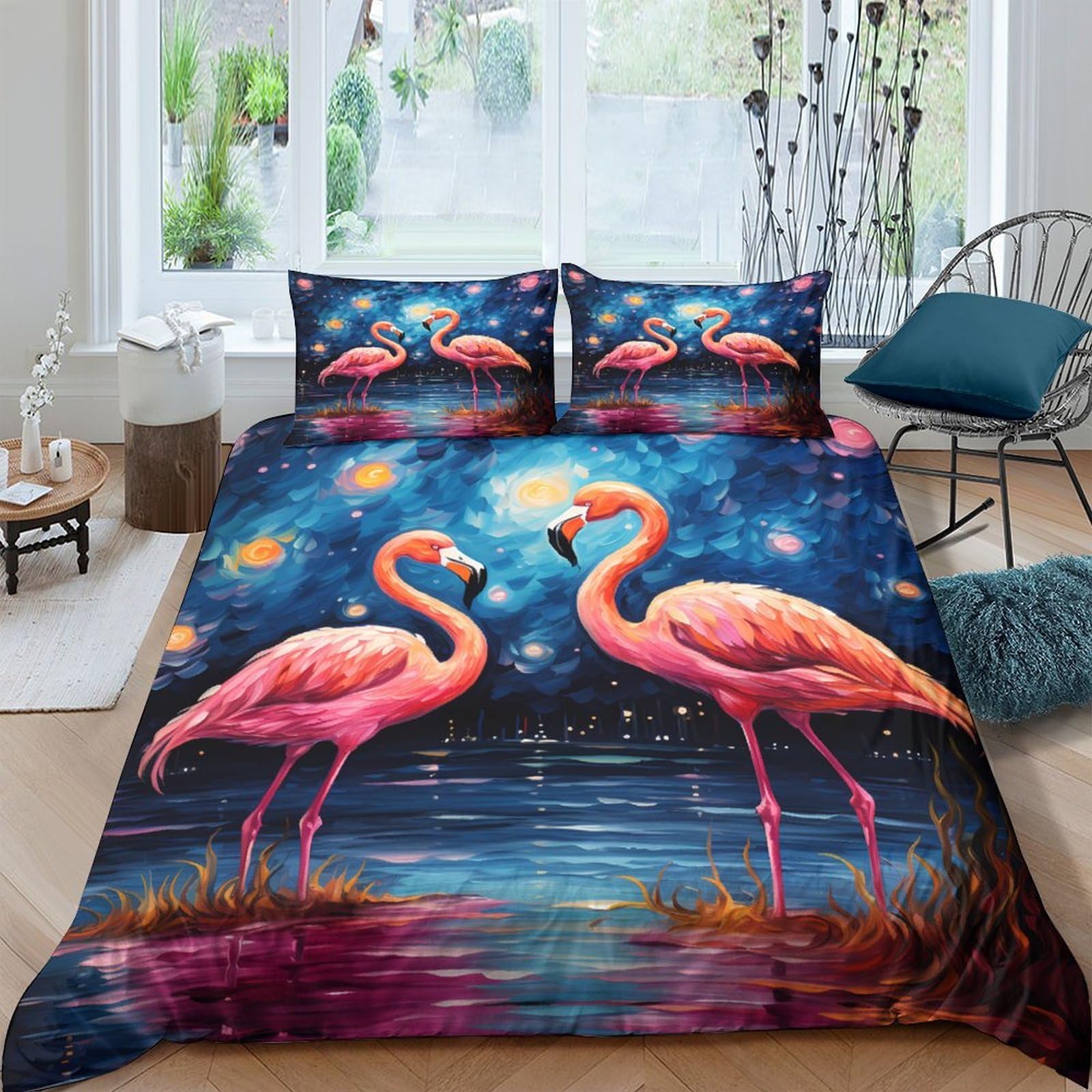 Flamingo-Pärchen 3D-Bedruckt 3er-Set Steppbezug Kunststil für den Nachthimmel Kuschelbezug Mikrofaser Staubmilbenfest Hypoallergen für Kleinkinder Jugendliche Frauen King（220x240cm）