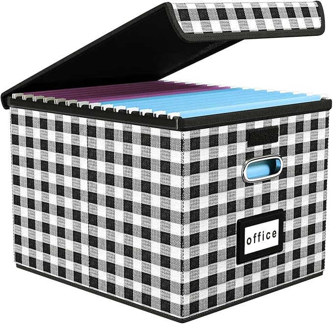 Finew Upgraded Portable File Organiser Box with Lid, Foldable Linen