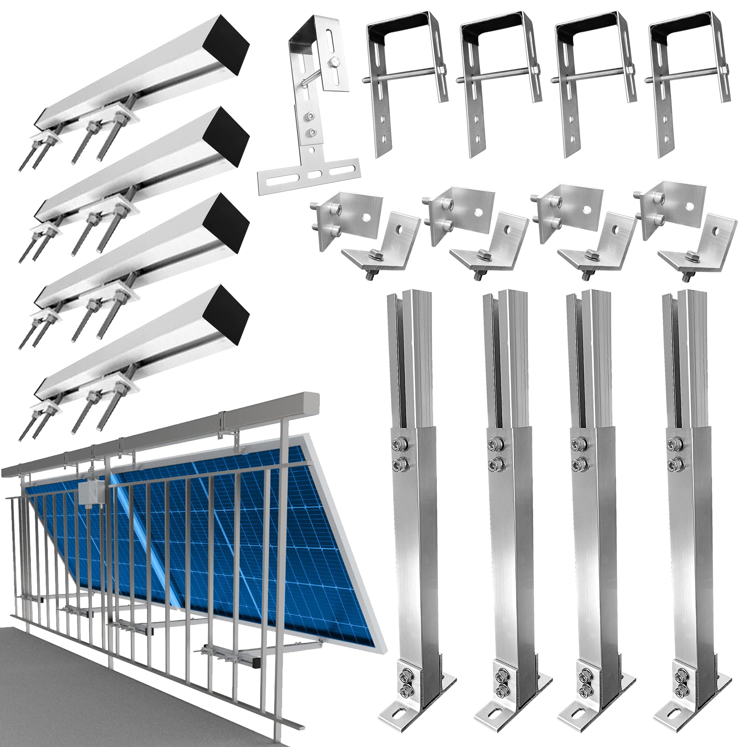 Balkonkraftwerk Halterung Geländer Befestigung für 2 Solarmodule und ein Wechselrichter Photovoltaik | ECKIG | Set | Neigungswinkel 0° & 25-45°| Durchmesser bis 80mm, Silber PV