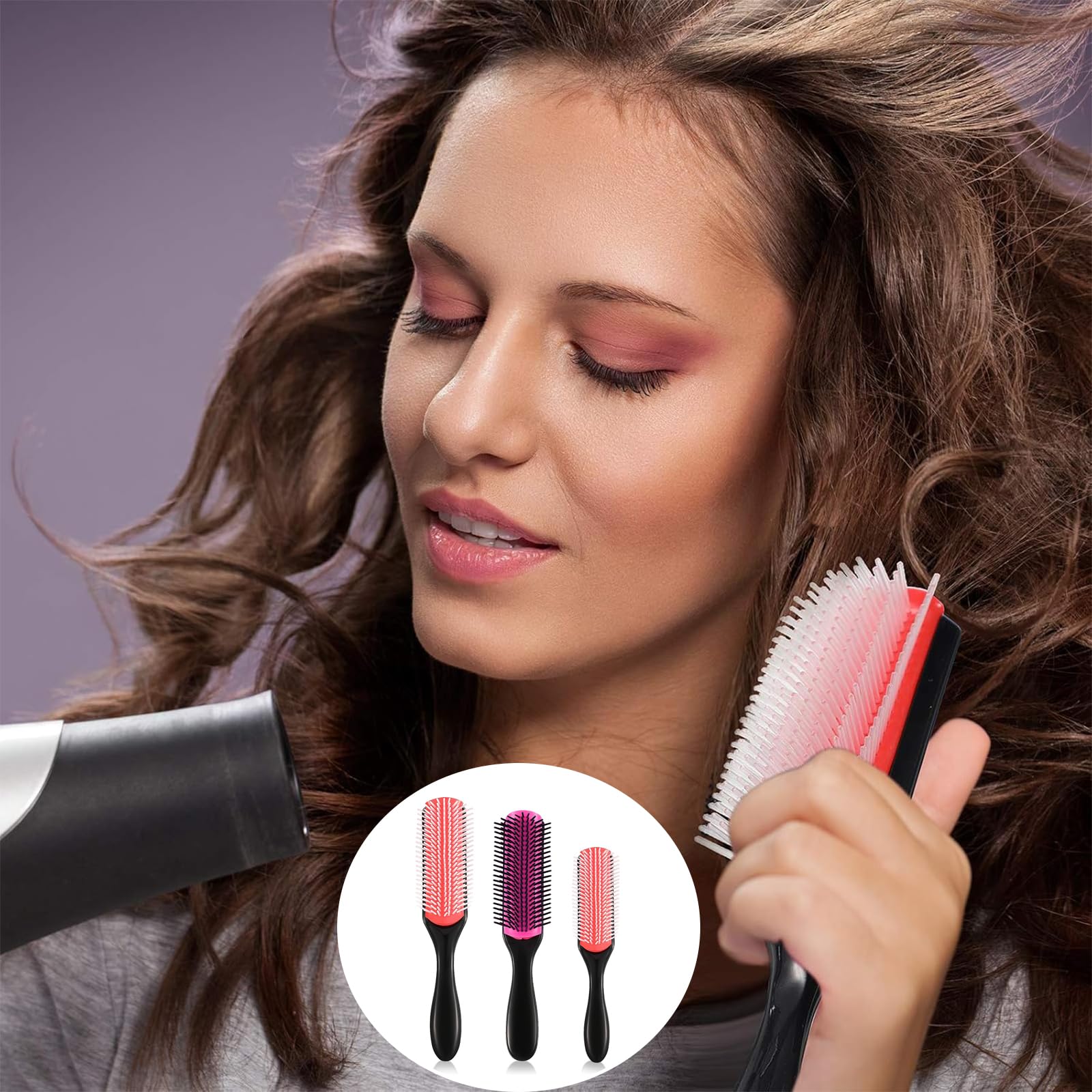 Amazon | カーリーヘア用ヘアブラシ3本、3サイズ9列クッションナイロン