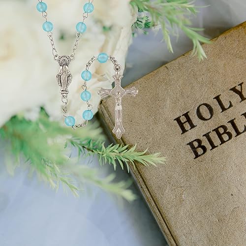 Miniatura 2 de Rosario católico con centro de mesa de tono plateado y crucifijo con cuentas de vidrio azul claro, collar de cuentas de oración que brilla en la