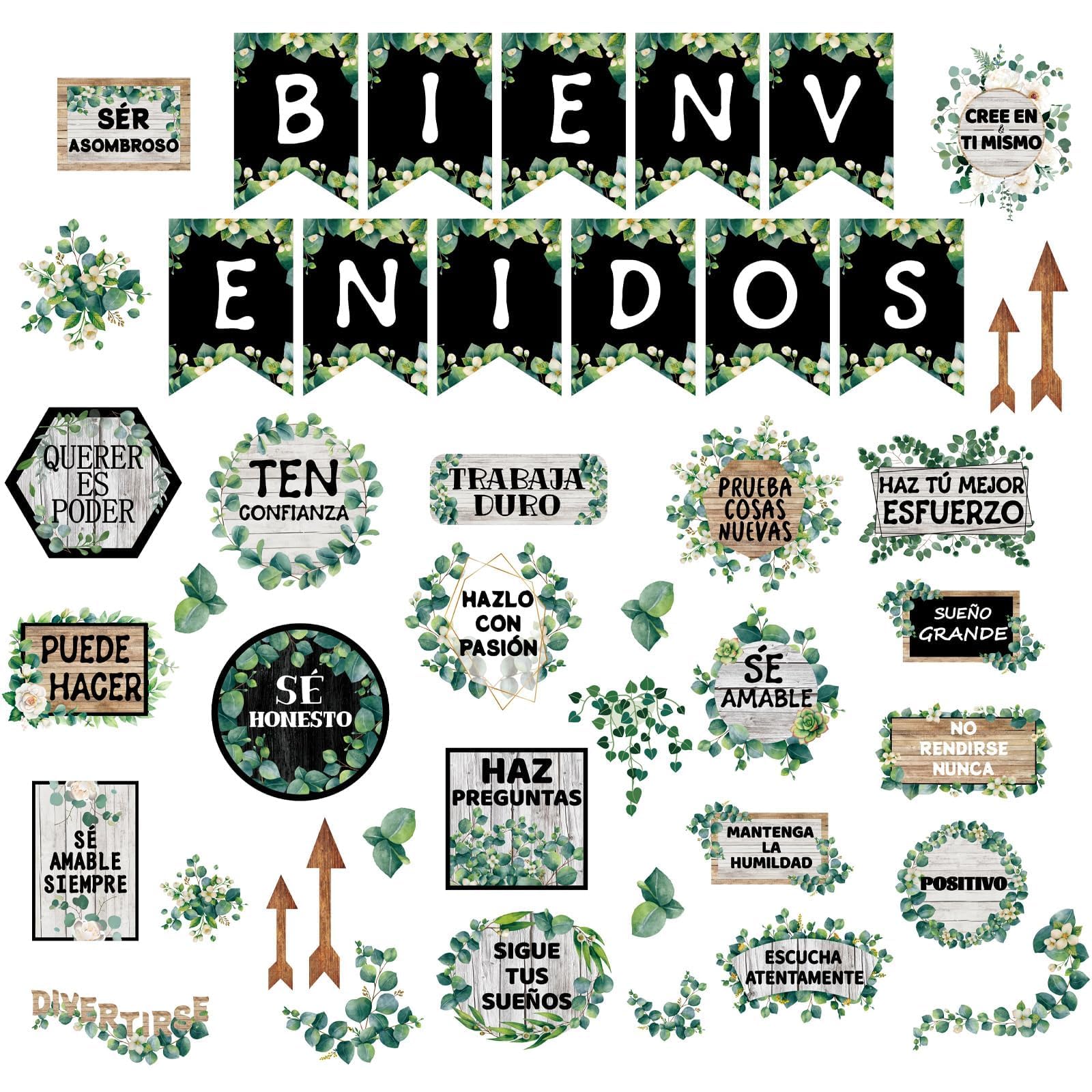 Spanish Eucalyptus Classroom Bulletin Board Set Motivational Classroom Decor for Teachers Growth Mindset Positive Sayings Accents Inspirational Cutouts Back to School Office Home Nursery Decoration